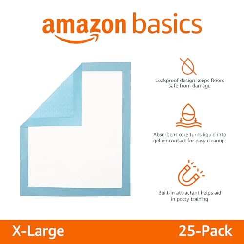 Amazon Basics Dog and Puppy Pee Pads with Leak-Proof Quick-Dry Design for Potty Training, Standard Absorbency, Regular Size, 22 x 22 Inches, Pack of 100, Blue & White
