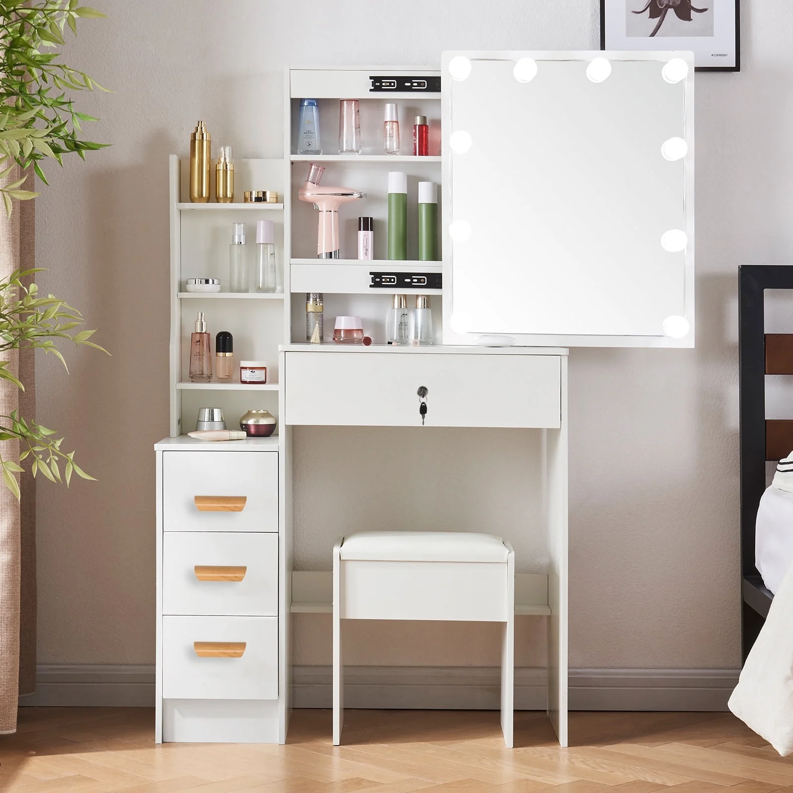 Yamissi Vanity Desk with Mirror and Lights W/ USB Charging Station Bedroom Makeup Table with Storage Shelves & Drawers, White