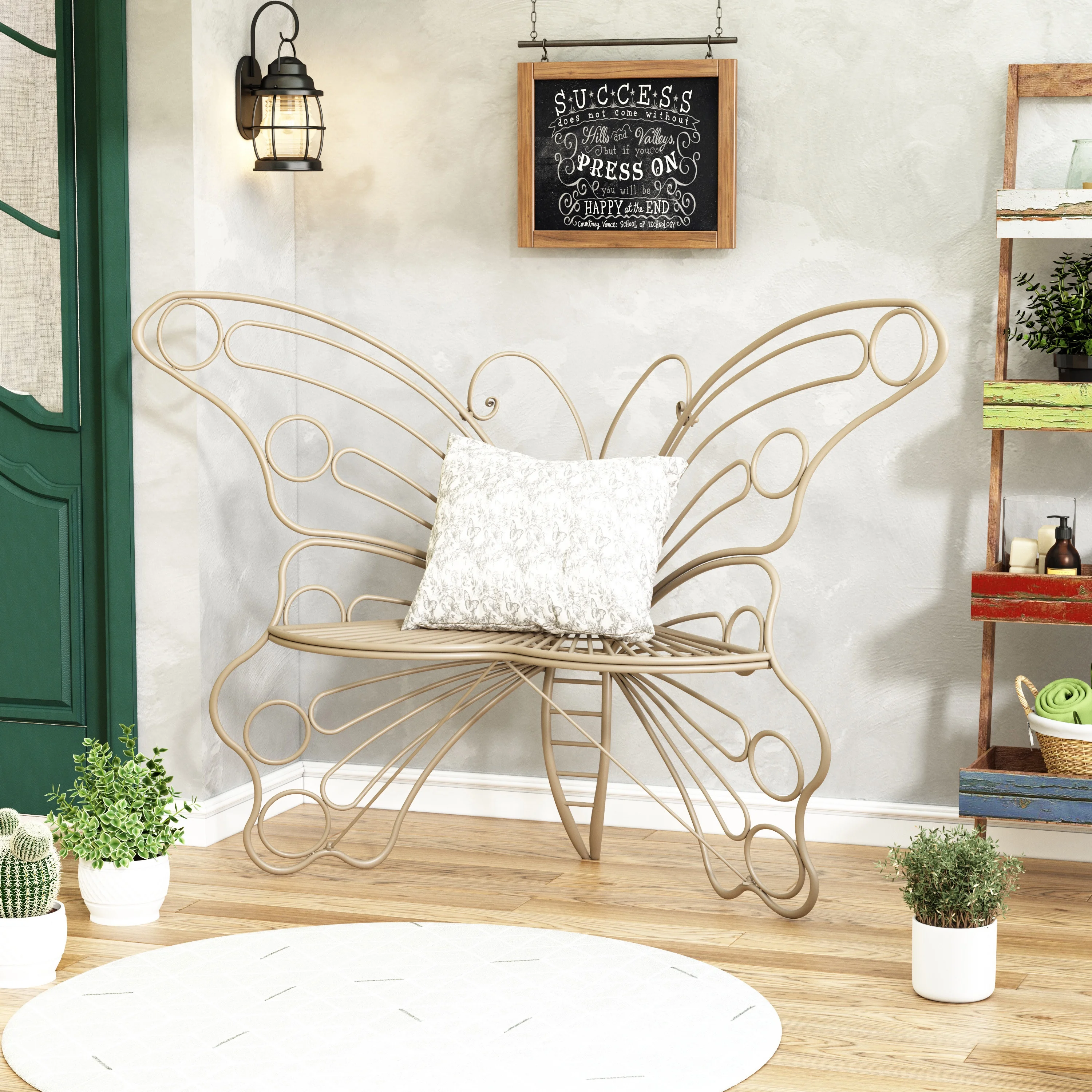 HLR Outdoor Bench with Butterfly Inspired Pattern, 50'' Metal Frame Patio Garden Bench Cast Iron