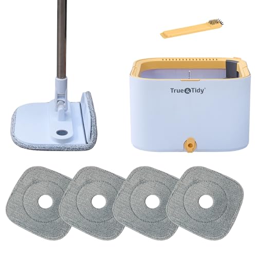 True & Tidy® TrueClean Spin Mop 2.0 w/Detachable Inner Bucket, Self Standing, Separates Clean and Dirty Water, Foldable Square Mop Head, Triple Jet Stream w/Hidden Brush, Replaceable 2pc Pads