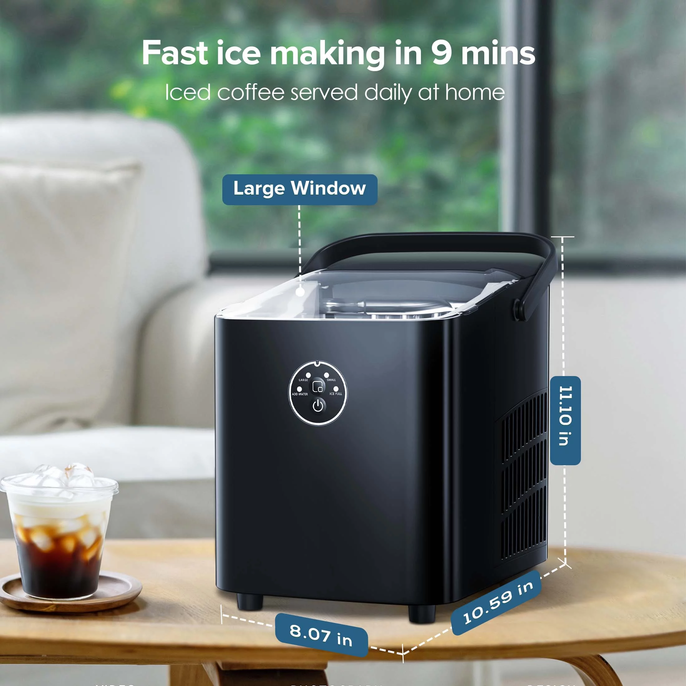 Auseo Portable Ice Maker Machine, Ice Maker Countertop with Handle, 26lbs/24H, Bullet Ice, 2 Sizes S/L, 8 Pcs/9 Mins, Self-Cleaning, Ice Scoop,Basket for Home/Kitchen/Office/Party,Black