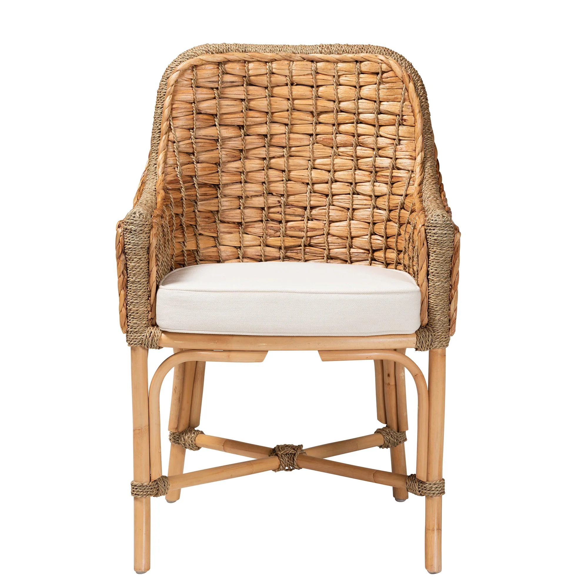 bali & pari Kyle Modern Bohemian Natural Brown Woven Rattan Dining Arm Chair with Cushion