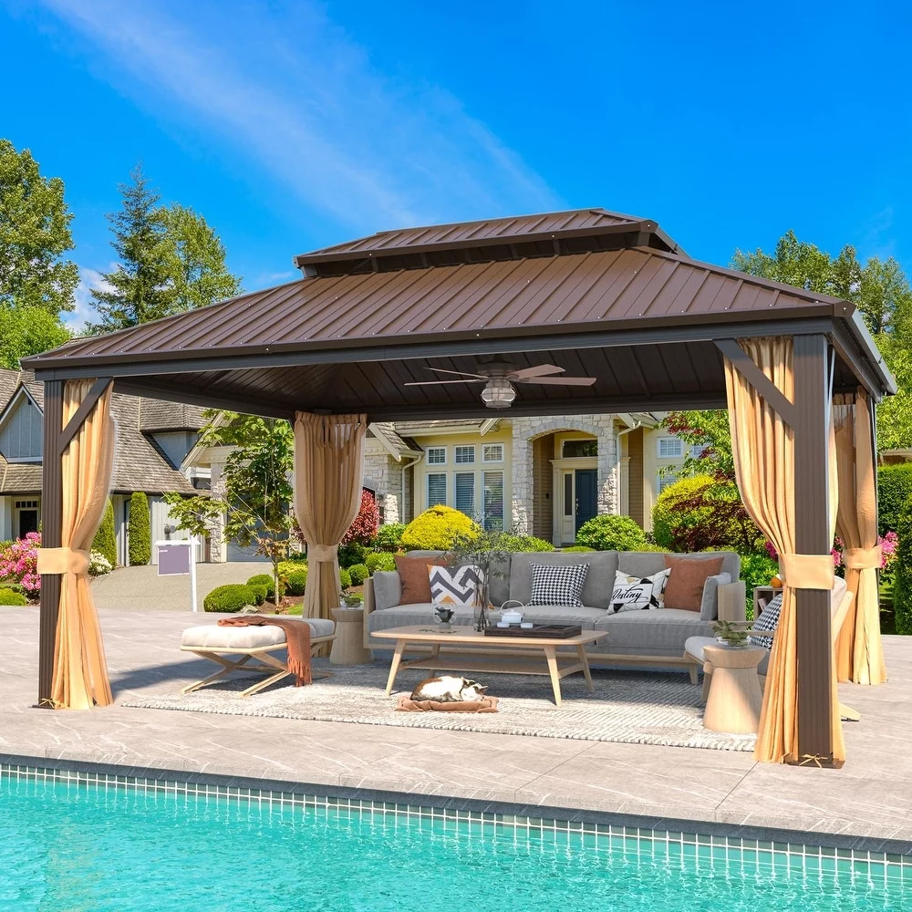 Richryce 12'x18' Hardtop Gazebo with Galvanized Steel Double Roof & Aluminum Frame, Outdoor Gazebo with Premium Curtains and Nettings