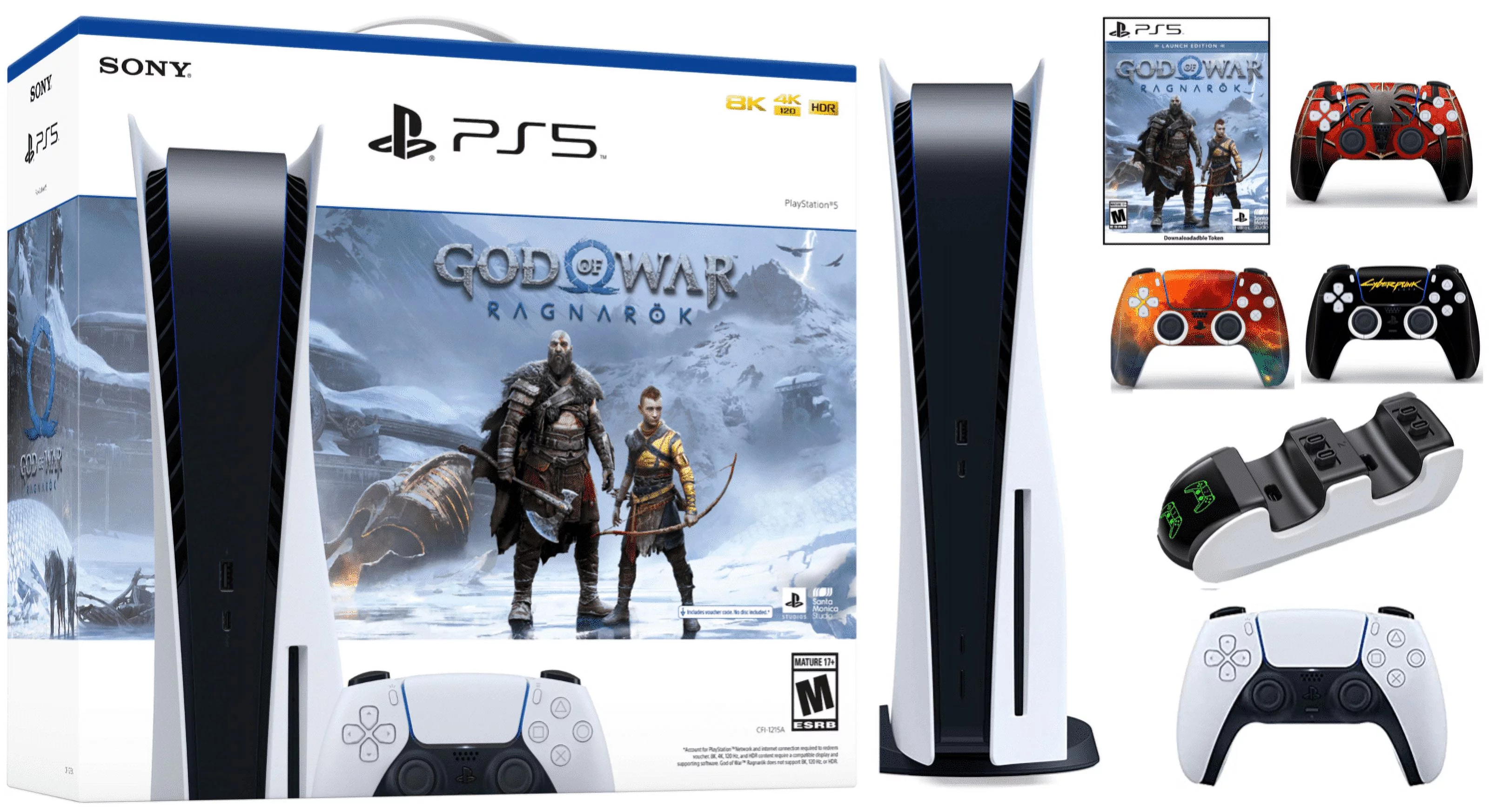 2022 Newest Sony Playstaton Gaming Console PS5_Disk God of War Ragnark Bundle Edition, AMD Ryzen Zen 8 Cores, 16GB GDDR6 RAM, 825GB SSD + One Controller + Fast Charging Dock + 3pcs Controller Skins