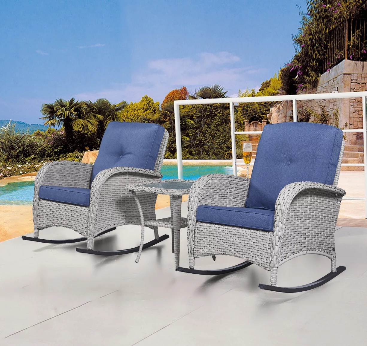 PARKWELL 3-Piece Wicker Rocking Chair with Side Table and Cushions - Outdoor Patio Bistro Set - Gray Wicker, Blue Cushions