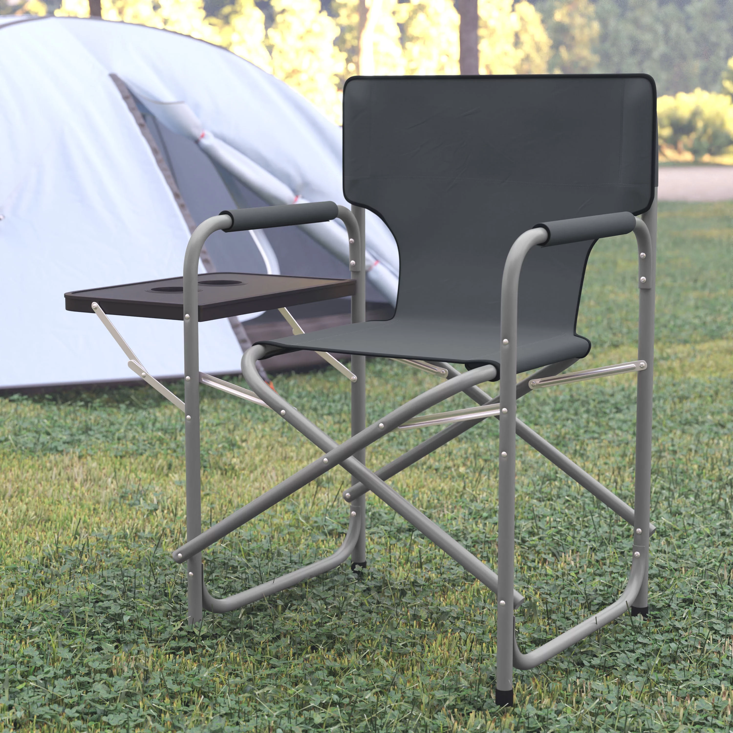 BizChair Folding Gray Director's Camping Chair with Side Table and Cup Holder - Portable Indoor/Outdoor Steel Framed Sports Chair