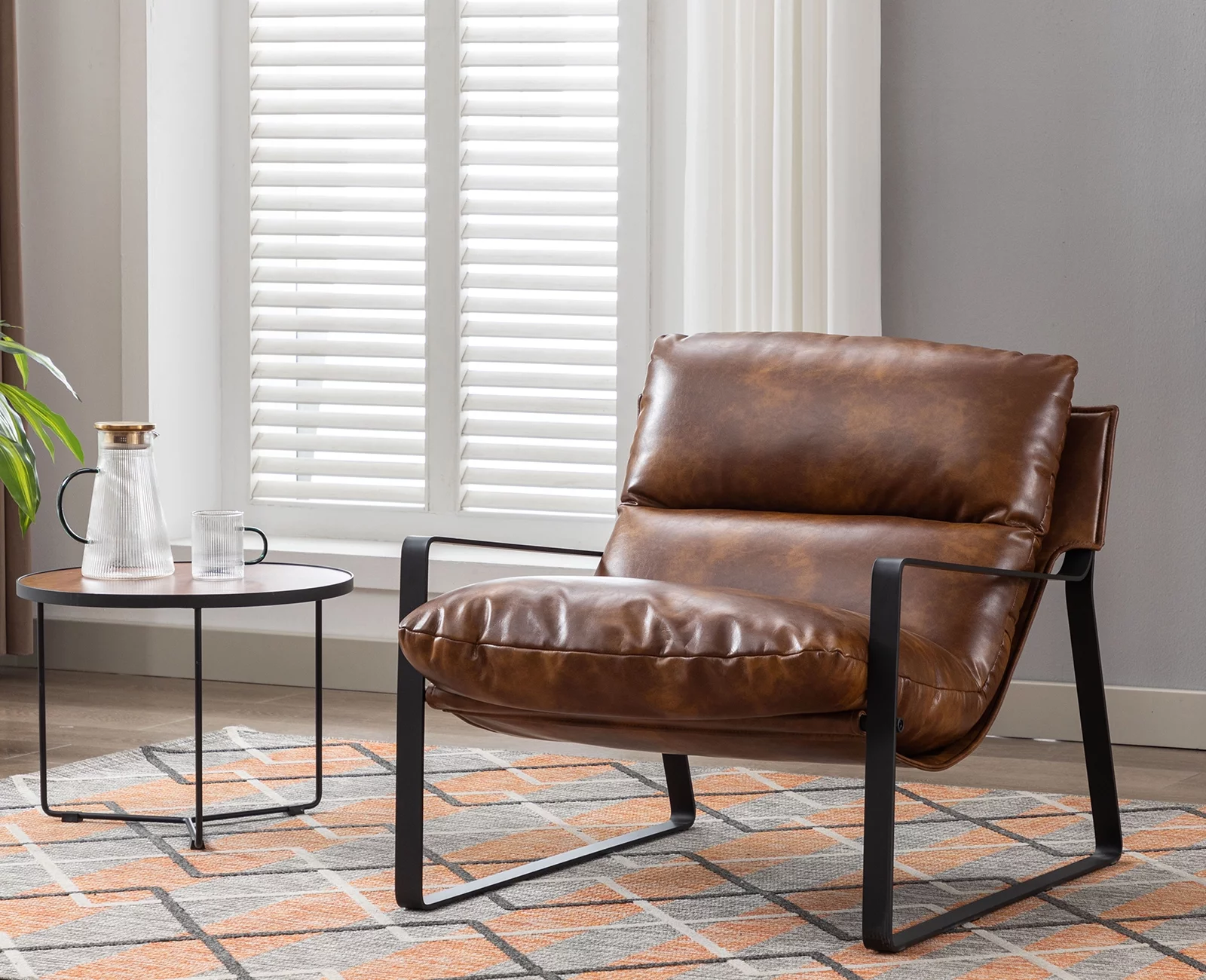 Guyou Modern Faux Leather Upholstered Accent Armchair with Metal Base, Removable Cushion Lounge Single Sofa Chair for Living Room Bedroom, Brown