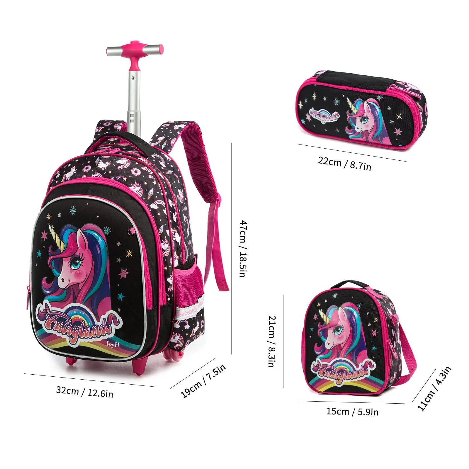 IvyH Kids 3Pcs Rolling Backpack Durable Wheeled Backpack Set with Lunch Bag and Pencil Case,Black Unicorn