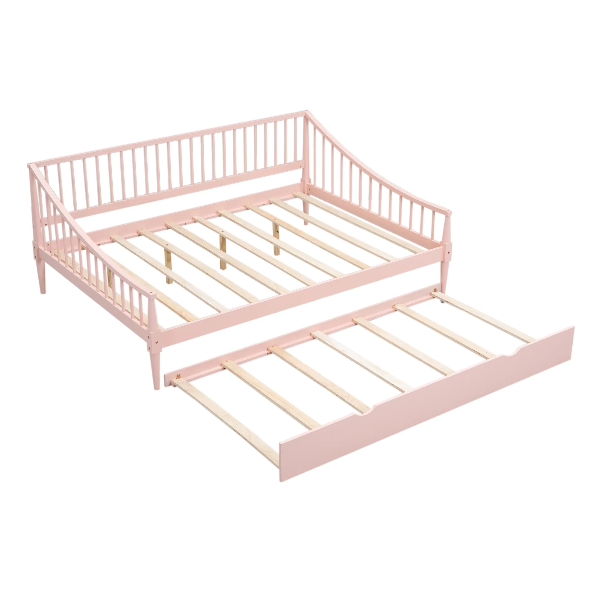 EUROCO Wood Full Size Daybed with Twin Trundle Bed for Kids Teens Adults, Solid Wood Bed Frame with Support Legs, Pink