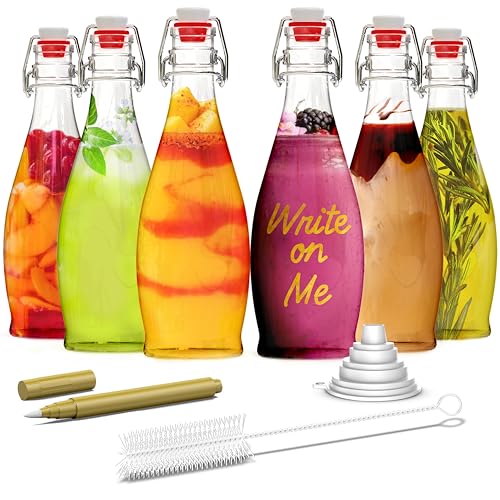 Nevlers Set of 6| 17 oz Glass Bottle Set with Airtight Swing Top Stoppers | Home Brewing Bottles for Kombucha - Beer - Water Kefir - Limoncello | Swing Top Glass Bottles Includes Brush Funnel & Marker