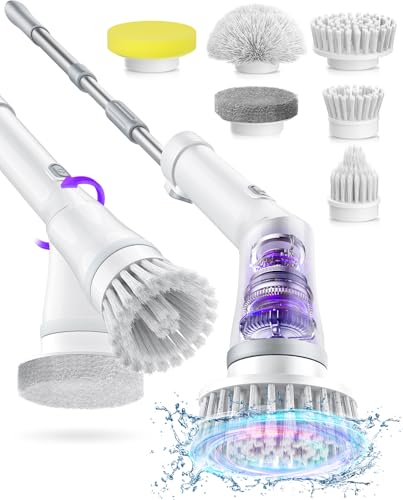 Electric Spin Scrubber, Cordless Shower Scrubber Rotary Floor Brushes & Pad Drivers with 6 Brush Heads - 2H Dual Speed, IPX7 Waterproof Extension Handle for Bathroom Tile Car Cleaning