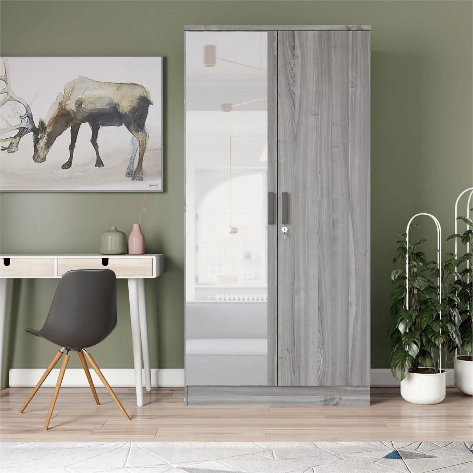 Better Home Products Harmony Two Door Armoire Wardrobe with Mirror in Gray