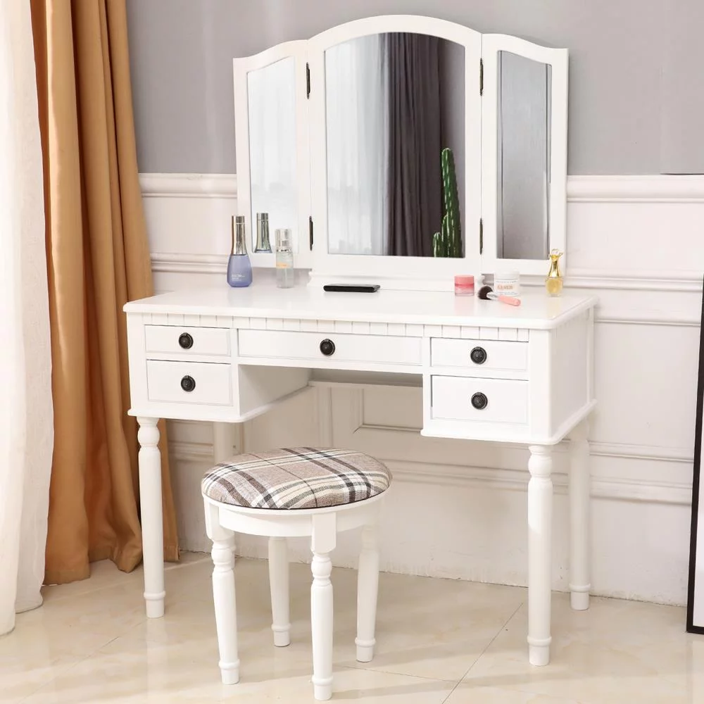 Zimtown Tri-Folding Mirror Vanity Set Makeup Dressing Table with Cushioned Stool & 5 Storage Drawer Wood Furniture (White)
