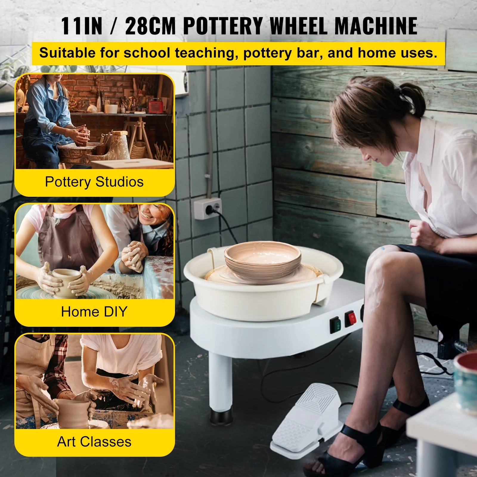 VEVOR Pottery Wheel, 11in Ceramic Wheel Forming Machine, 0-300RPM Speed Manual Adjustable 0-7.8in Lift Leg, Foot Pedal Detachable Basin, Sculpting Tool Accessory Kit for Work Art Craft DIY