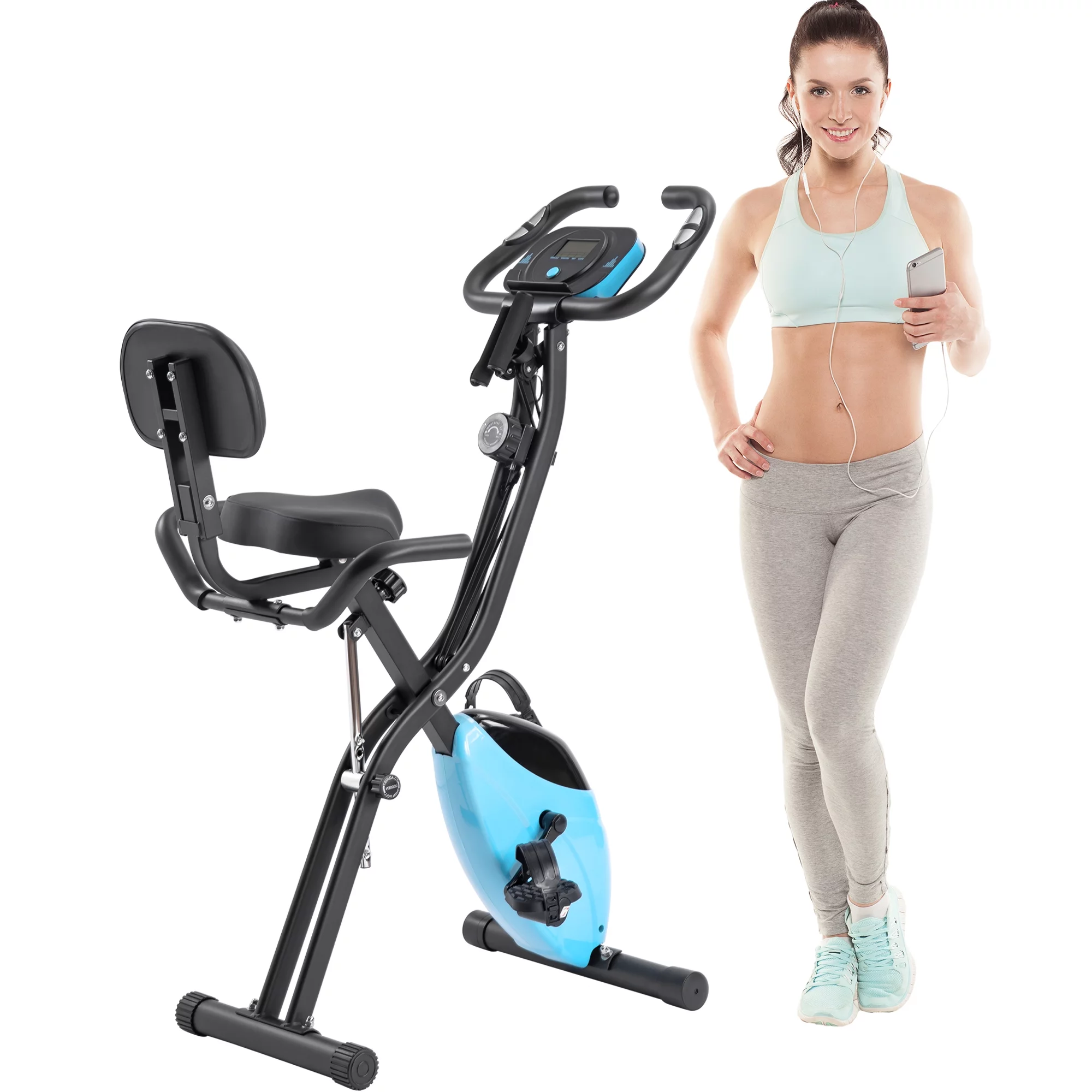 Folding Exercise Bike with Arm Workout, Recumbent Exercise Bike, Fitness Upright and Recumbent X-Bike with 10-Level Adjustable Resistance, LCD Display, Light Blue
