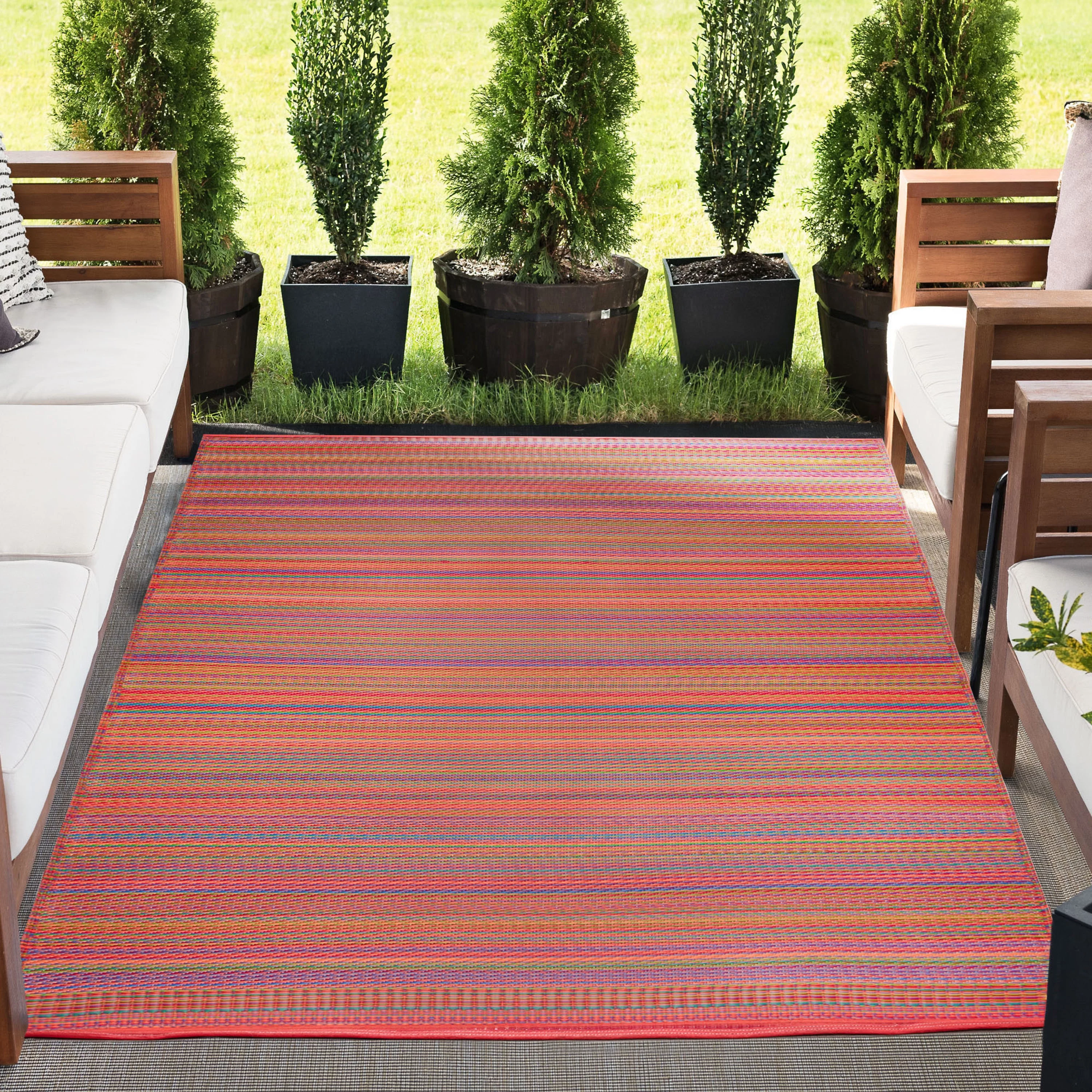 6x9 Waterproof, Reversible Plastic Straw Outdoor Rugs for Patios | Also for Camping, RV, Deck, Porch, Balcony, Camp, Patio | Red, Stripe | Size: 5'11'' x 8'10''