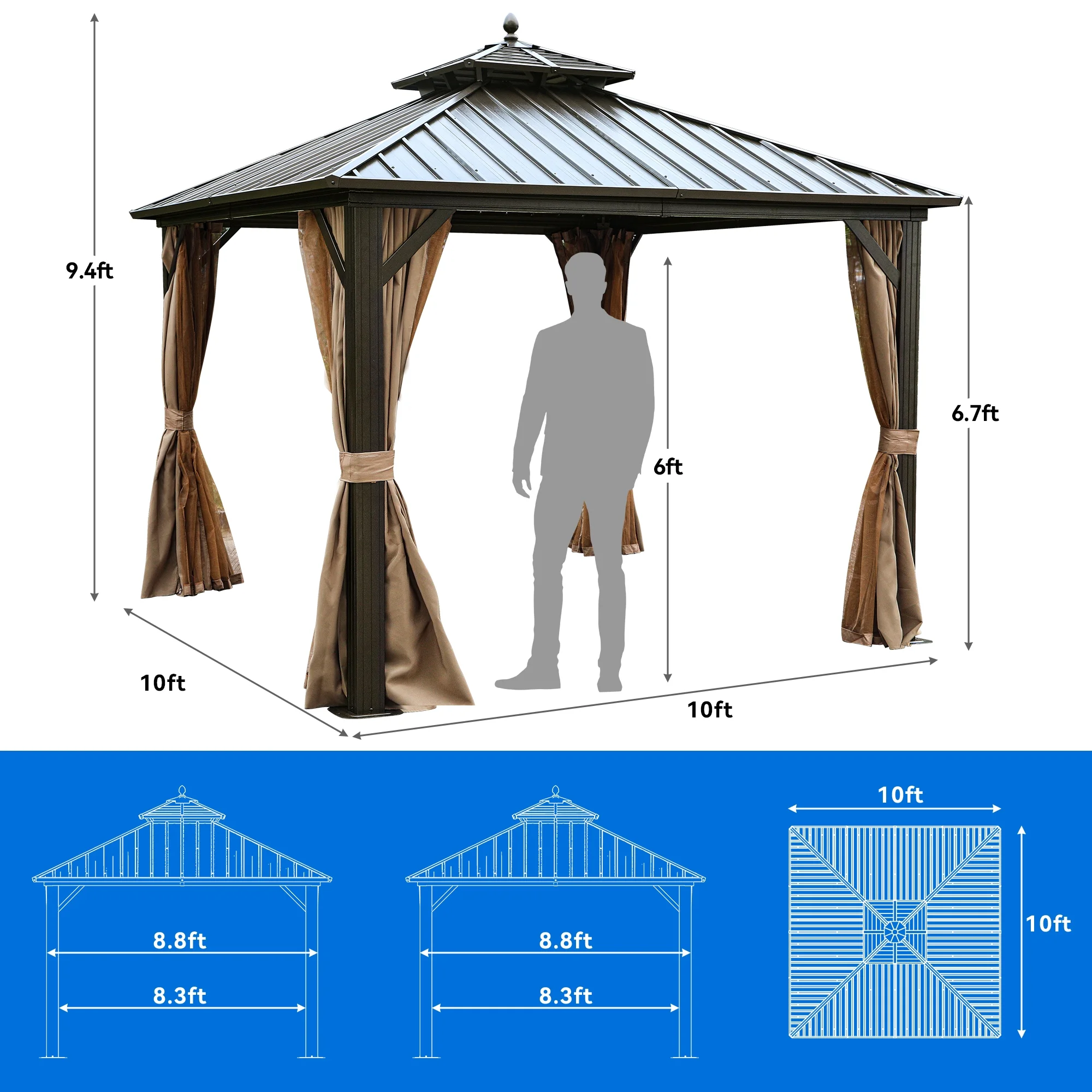 Dextrus 10x10ft Hardtop Gazebo with Nettings and Curtains, Heavy Duty Double Roof Galvanized Steel Outdoor Combined of Horizontal Vertical Stripes Roof for Patio, Backyard, Deck, Lawn (Bronze)