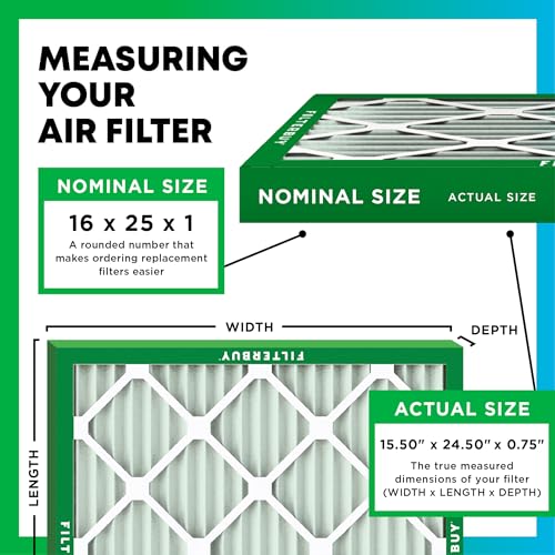 Filterbuy 16x25x1 Air Filter MERV 8 Dust Defense (4-Pack), Pleated HVAC AC Furnace Air Filters Replacement (Actual Size: 15.50 x 24.50 x 0.75 Inches)