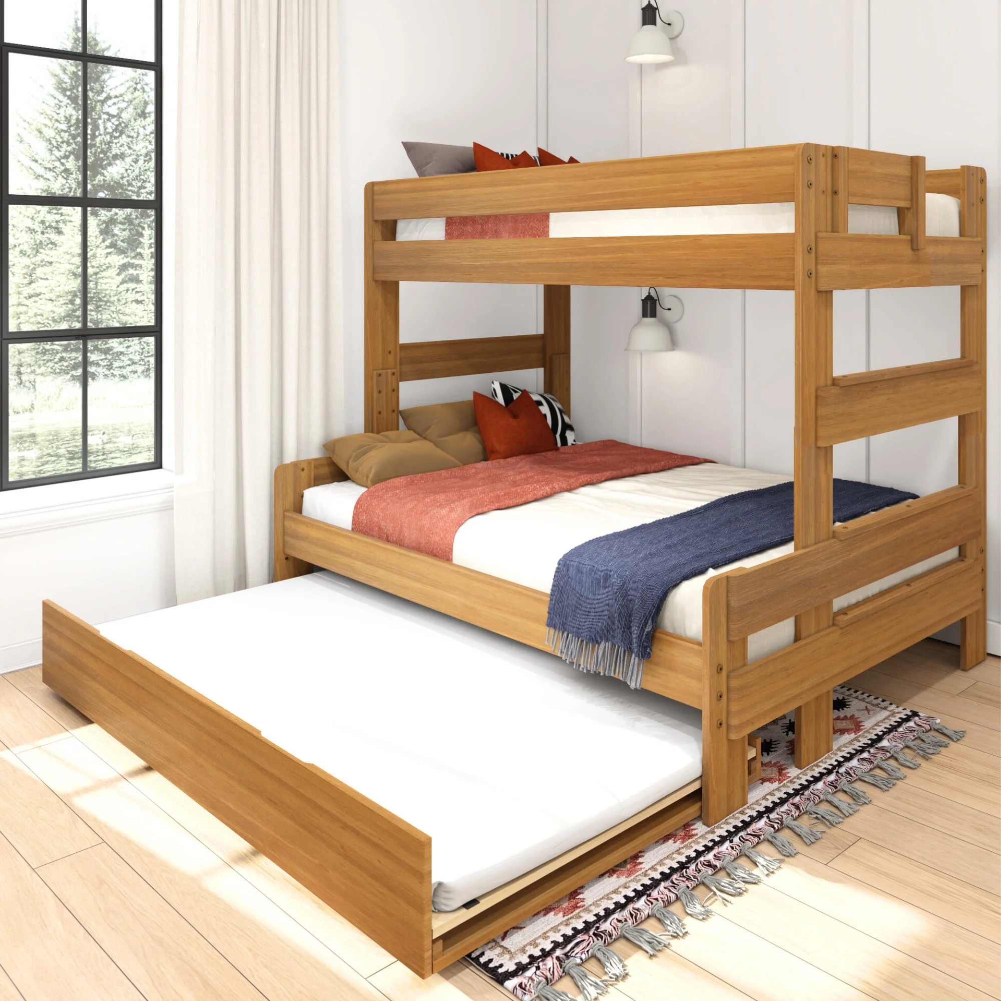 Max & Lily Twin Over Full Bunk Bed with Trundle, Modern Farmhouse Wooden Bunk Beds For Kids, Pecan