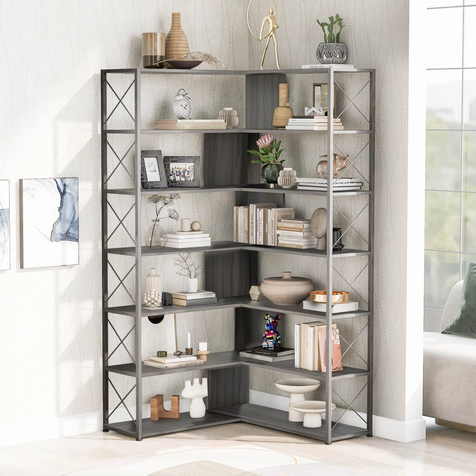 Industrial 7 Tier L-Shaped Corner Bookshelf, Large Home Office Bookcase with Metal Frame, Tall Storage Shelf Display Rack