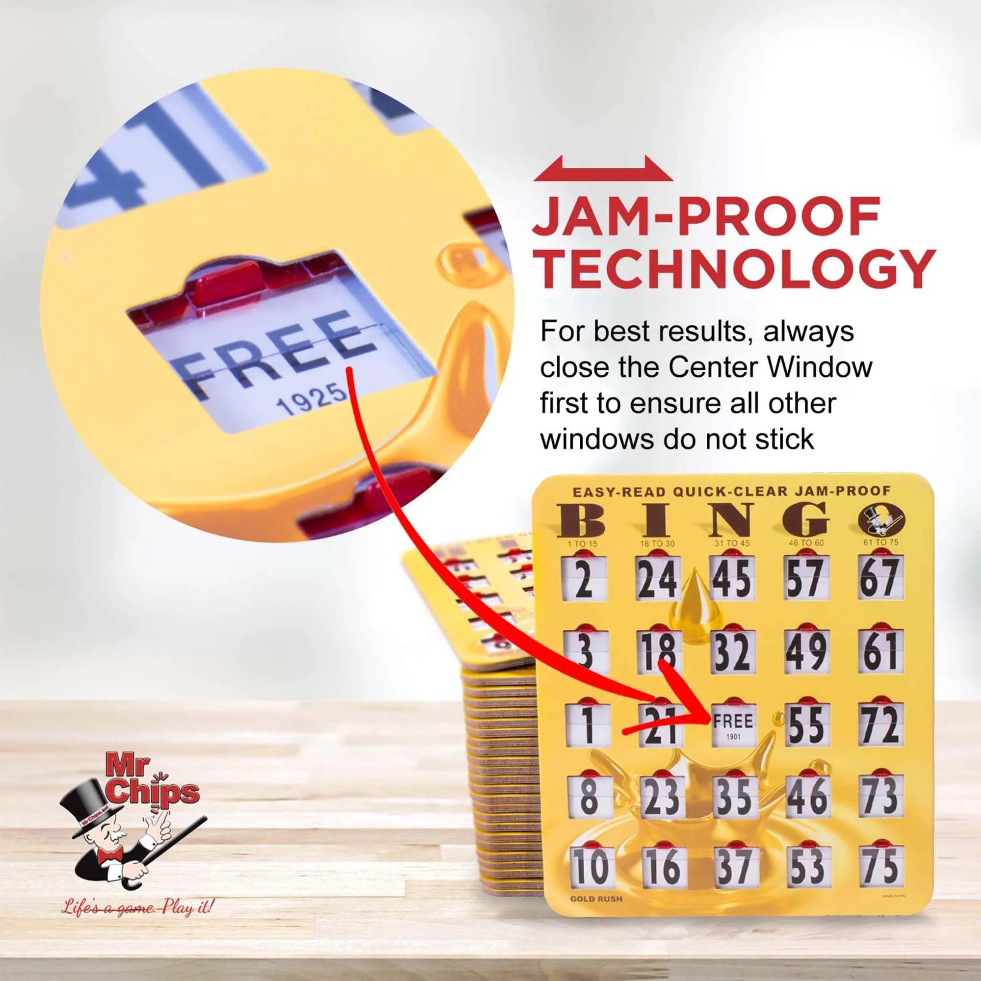 MR CHIPS Jam-Proof Bingo Cards with Sliding Windows - 50 Reusable Shutter Bingo Cards - 75 Bingo Calling Cards - 1 Bingo Master Board - Gold Rush Style