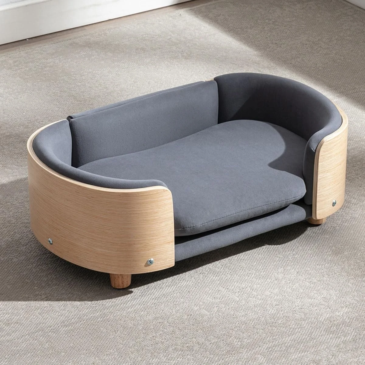 Elevated Dog Bed Pet Sofa With Solid Wood legs and Bent Soft Backrest, Pet Cat Stool Bed with Velvet Cushion,for Small Dog Kitten, Smal Size-Dark Gray