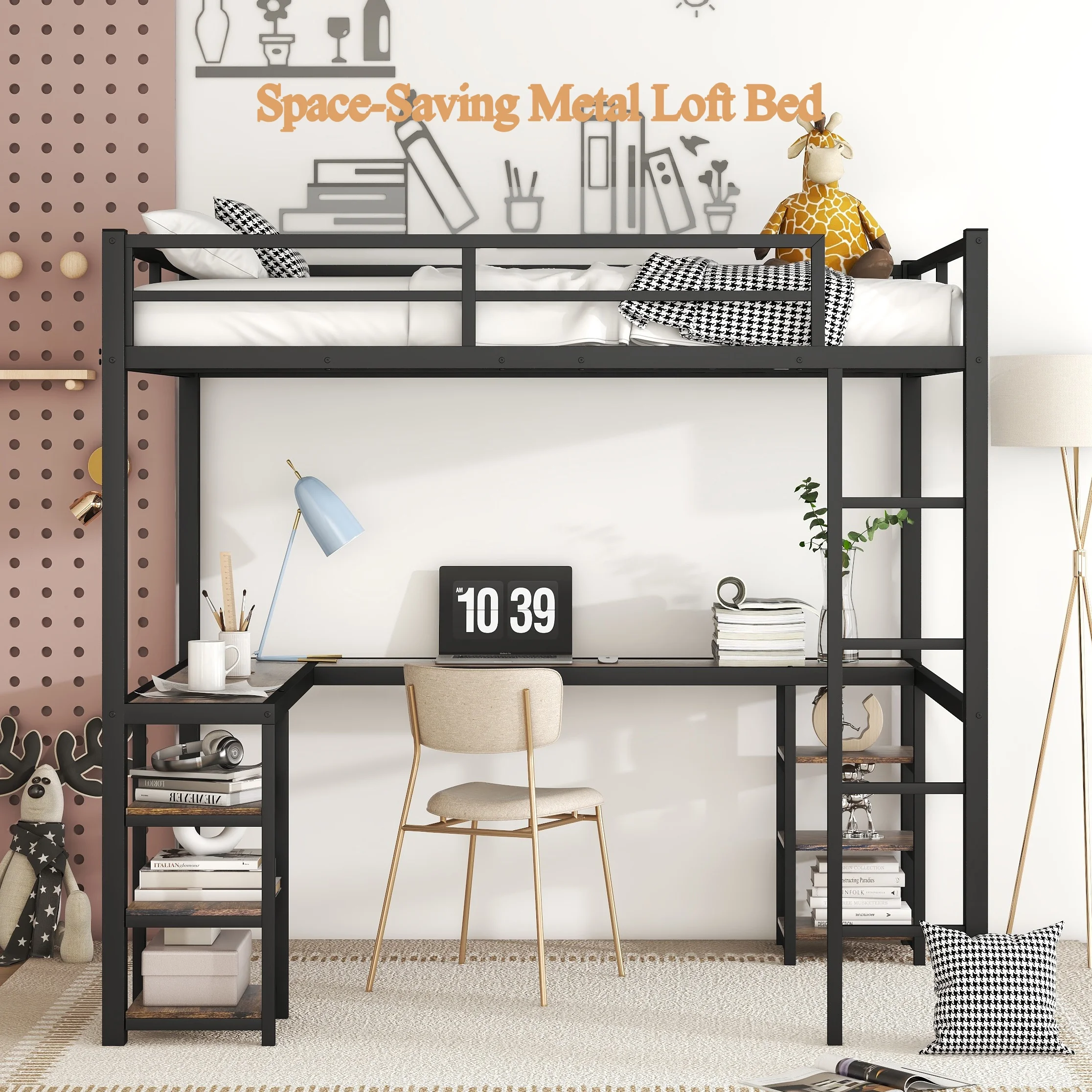 Bellemave Full Size Loft Bed with Desk and Shelves, Metal Heavy-Duty Steel Loft Bed Frame Built-in Ladder for Boy Girls Teens Kids Adults(Black）
