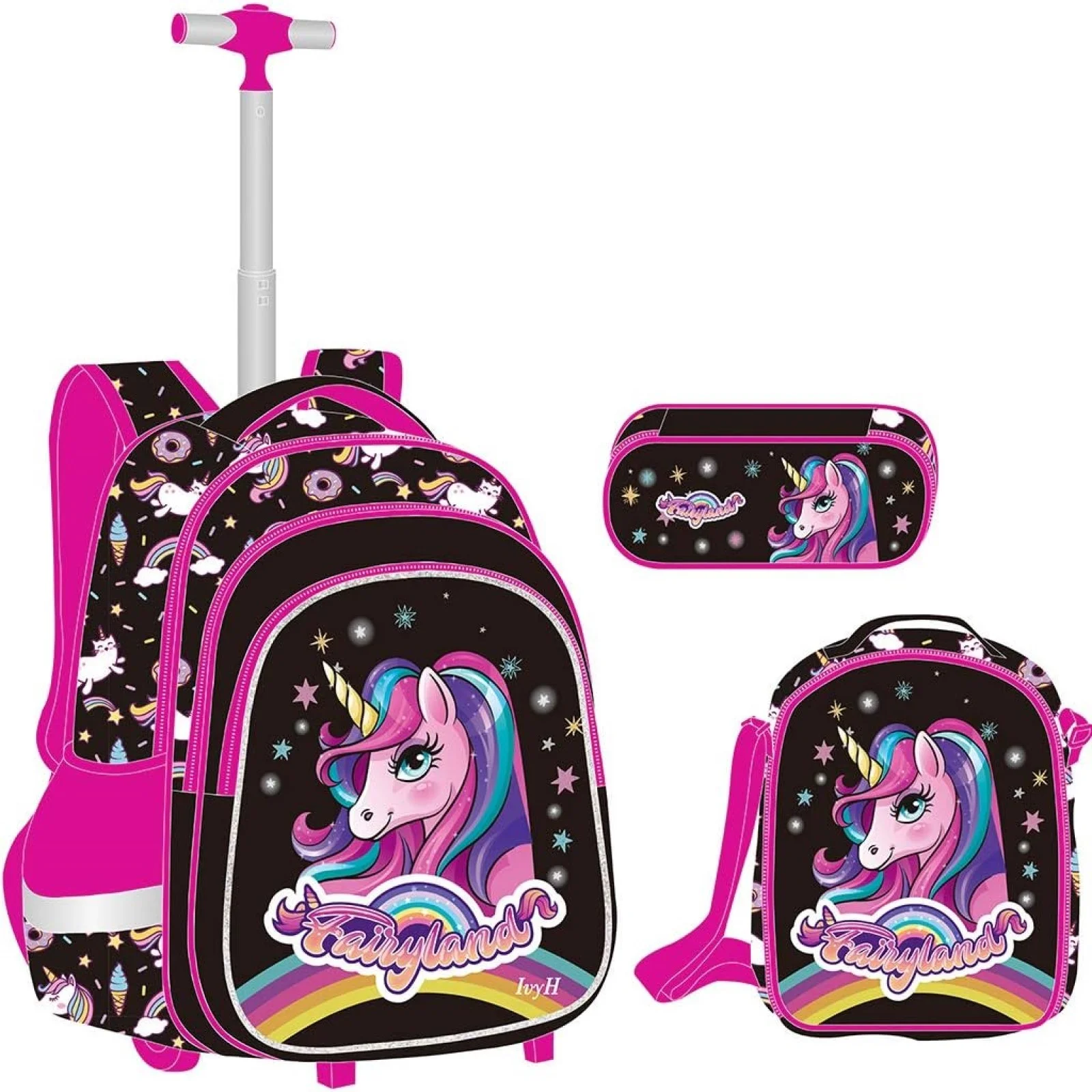 IvyH Kids 3Pcs Rolling Backpack Durable Wheeled Backpack Set with Lunch Bag and Pencil Case,Black Unicorn