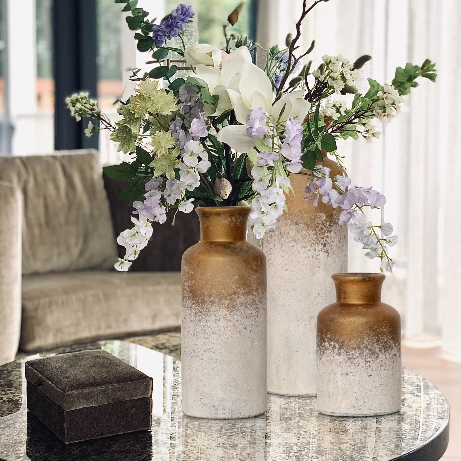 PARMPH Ceramic vase Set of 3 Design for Home Décor, Modern Farmhouse Vases Small Large Vintage Rusty Gold Ceramic Vase Set for Living Room Table, Mantle, Bookcases, Fireplace, Entrance Decor Floral