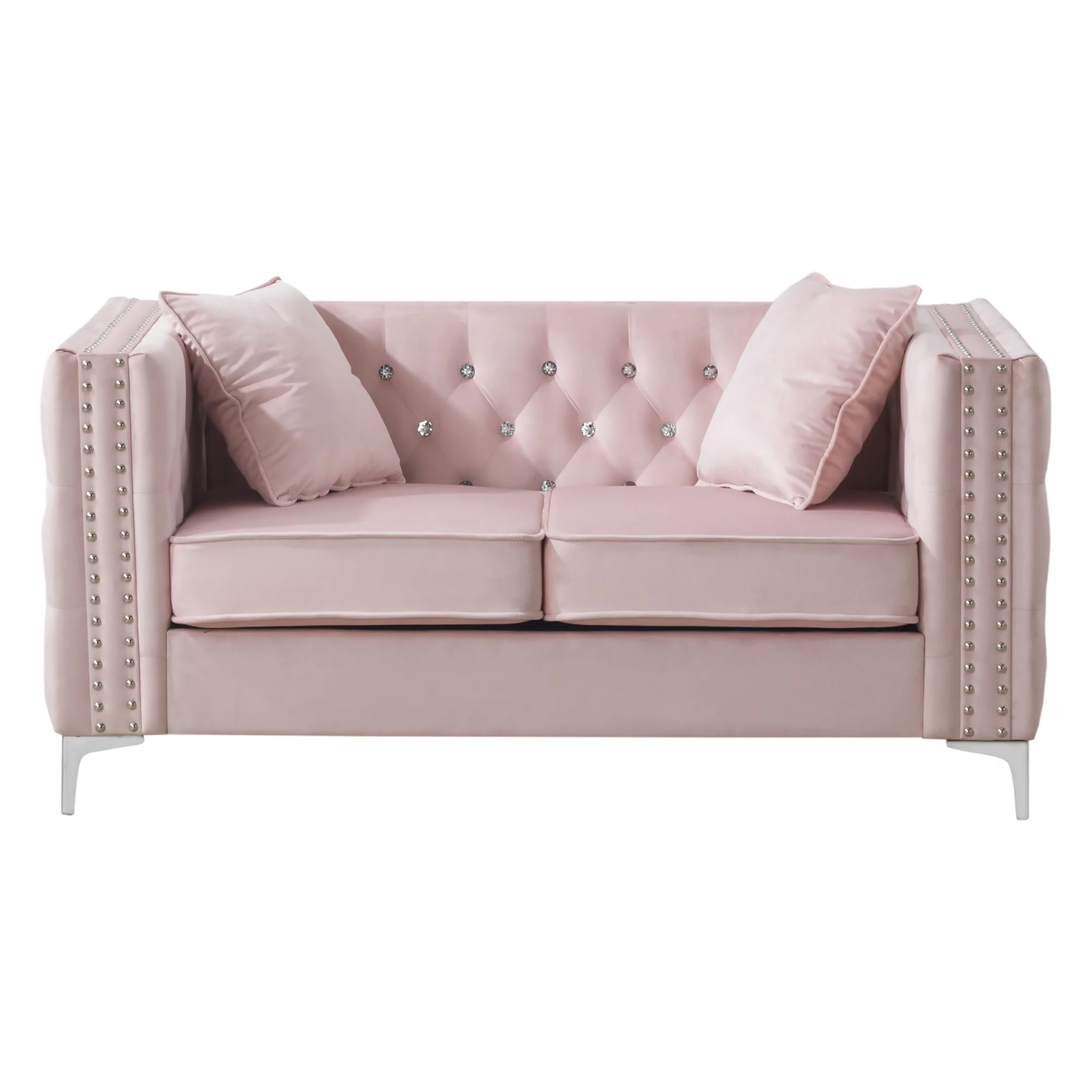 Passion Furniture  63 in. Paige Velvet 2-Seater Sofa with 2-Throw Pillow, Pink
