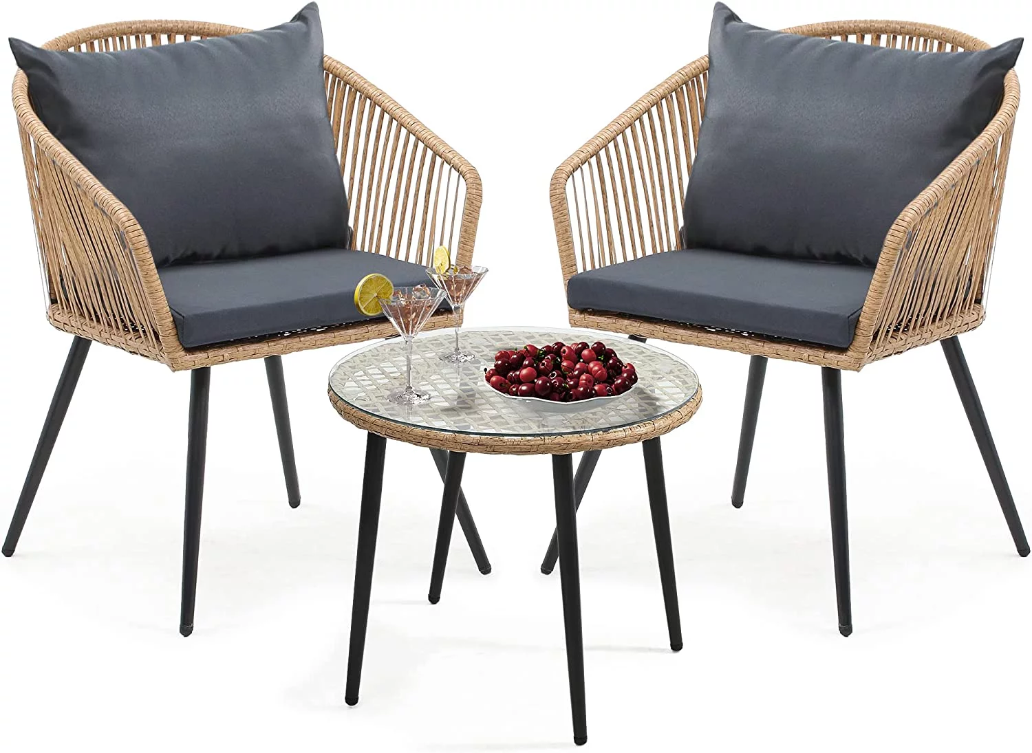 Dextrus 3-Piece Outdoor Patio Furniture Wicker Bistro Set, All-Weather Rattan Conversation Chairs for Backyard, Balcony and Deck with Soft Cushions, Glass Side Table, Yellow Rattan