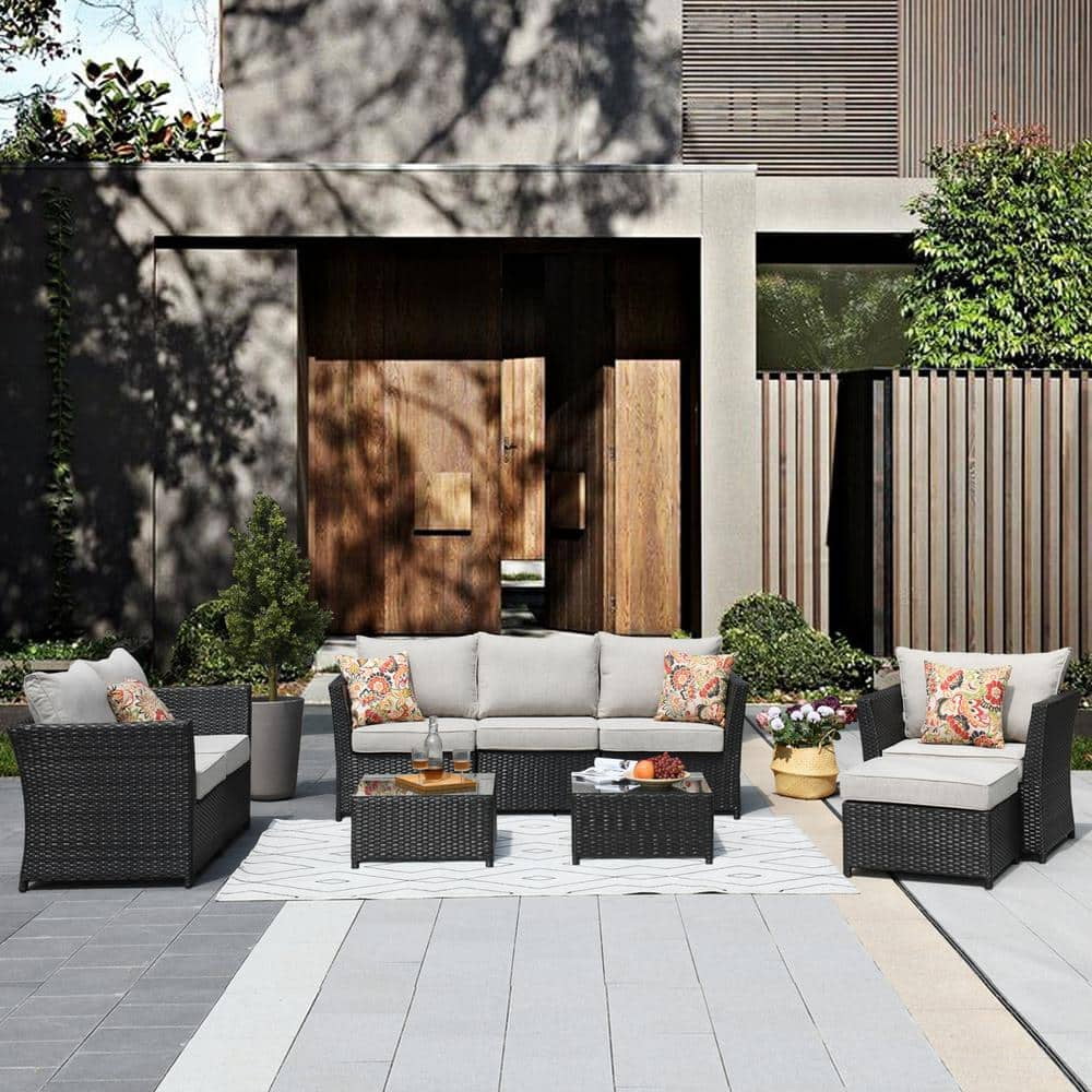 Ovios Patio Furniture Set 9 Pieces, PE Rattan Outdoor Furniture Sofa Set, Wicker Patio Conversation Set with Cushions, Tea Table & Waterproof Cover , No Assembly Required