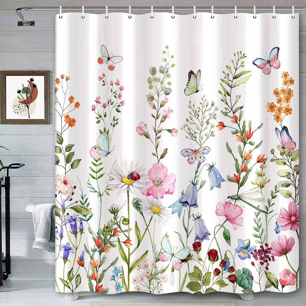 Spring Blossom Floral Shower Curtain, Watercolor Flowers Daisy Cornflower Morning Glory Botanical Butterflies Insect Cute Bathroom Decor Set, Durable Polyester Fabric Shower Curtain Set, 72 x 72