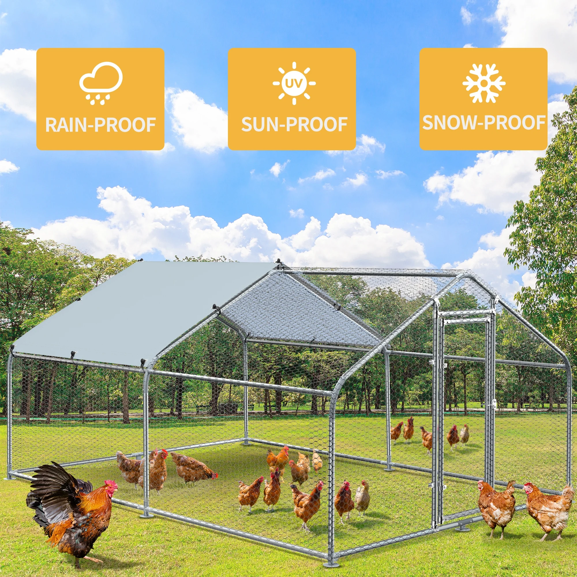 Dextrus Large Metal Chicken Coop Walk-in Poultry Cage Hen Run House Rabbits Habitat Cage Spire Shaped Coop with Waterproof and Anti-Ultraviolet Cover for Backyard Farm Use-2 Cages