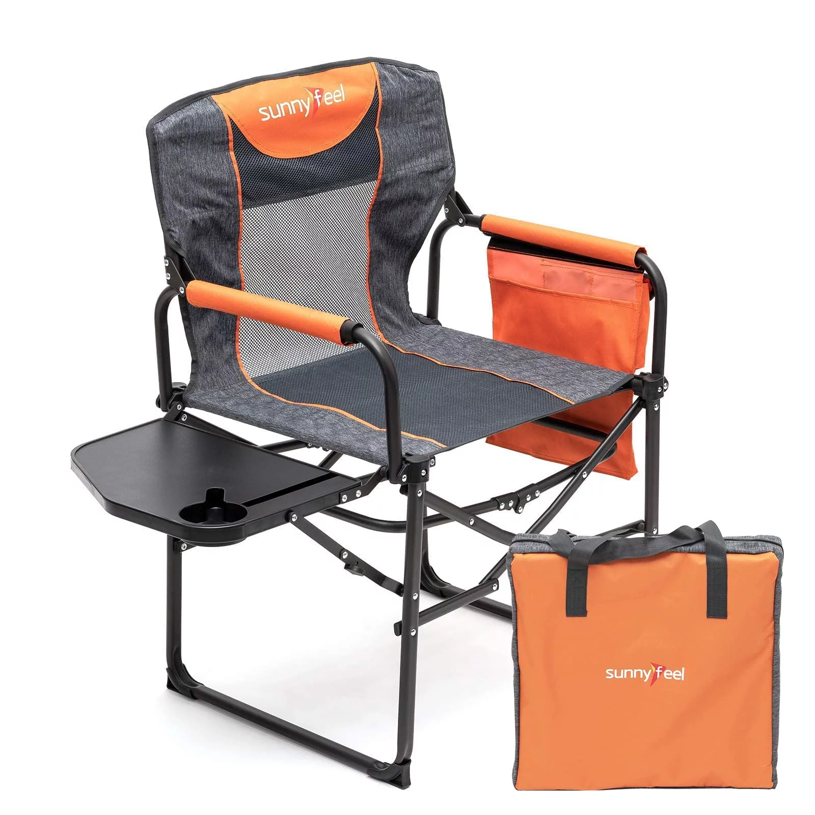 SunnyFeel Compact Camping Director Chair, Portable Folding Chairs with Side Table, Carry Bag (Orange)