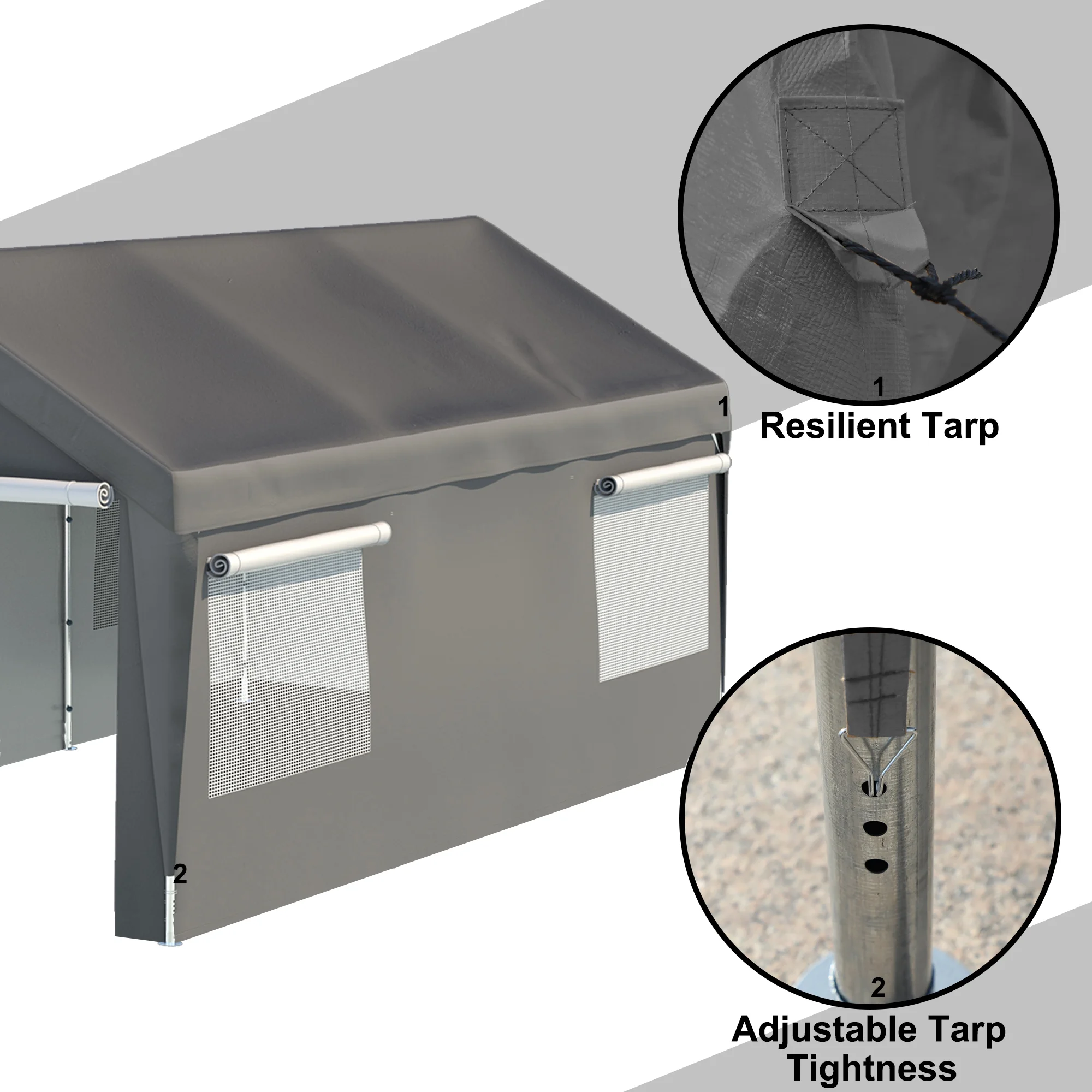 LZBEITEM 10 x 20 ft. Heavy Duty Steel Outdoor Carport Storage Boat Shed Canopy Garage Car Shelter Portable Party Tent Adjustable Height with Window Sidewalls and Doors, Gray