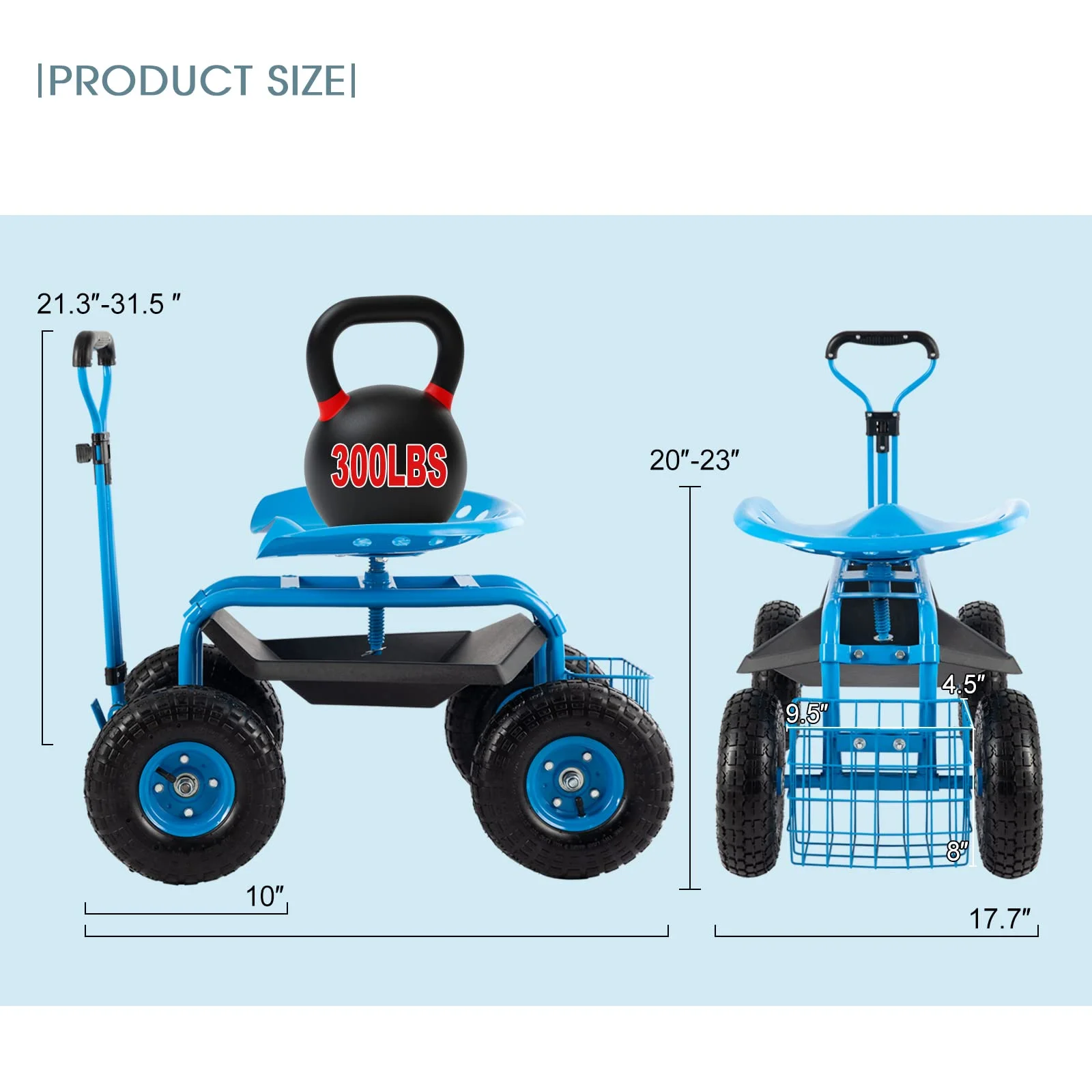 Rolling Garden Tool Cart with Seat Heavy Duty Scooter with Handle and Storage for Seniors Garden Cart on Wheel,Blue
