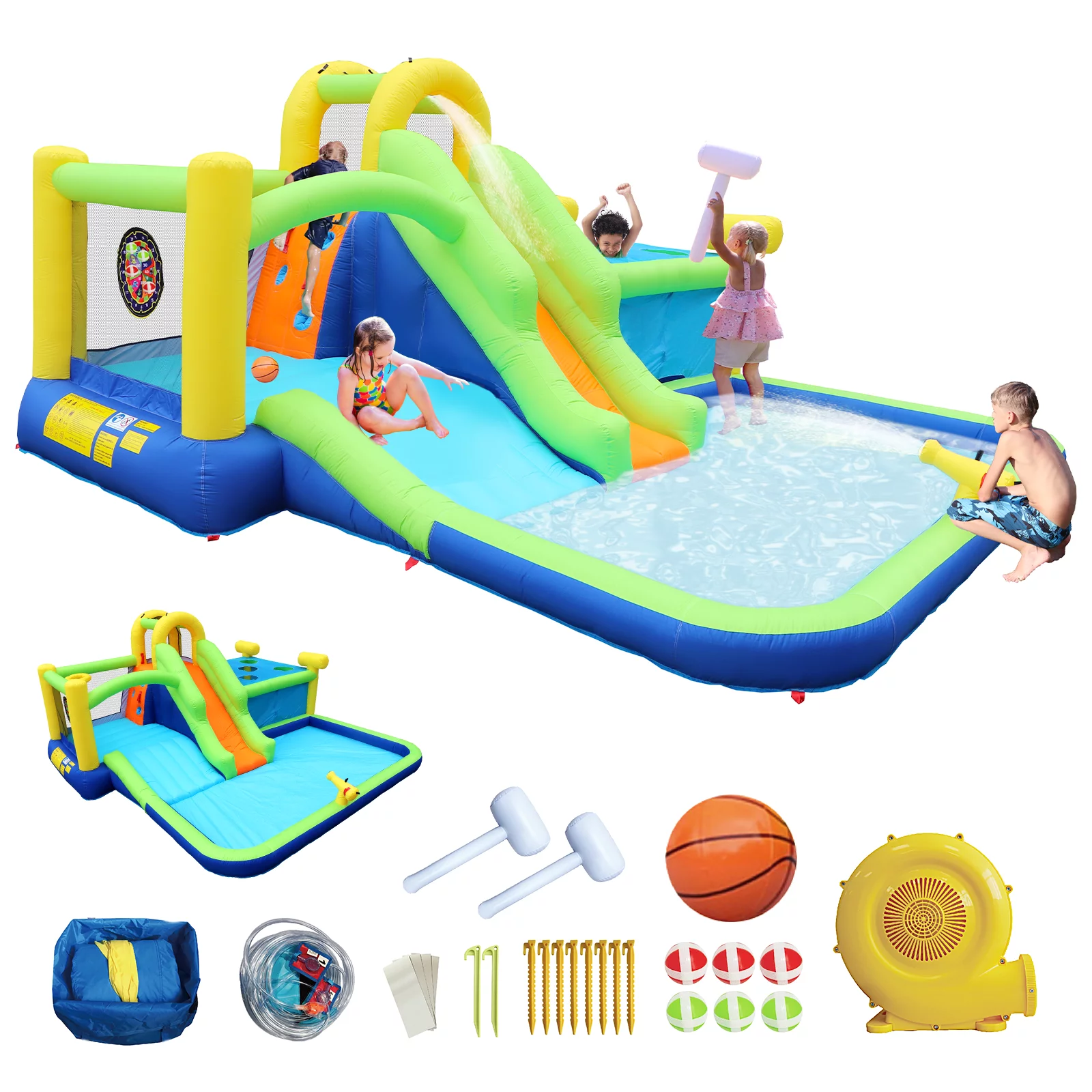Track 7 Inflatable Water Park,7 in 1  Inflatable Bounce House Slide Long Slide Water Park with Whack a Mole Games & Splash Pool & Target Games & Water Gun & Climbing Wall & Basketball & Air Blower