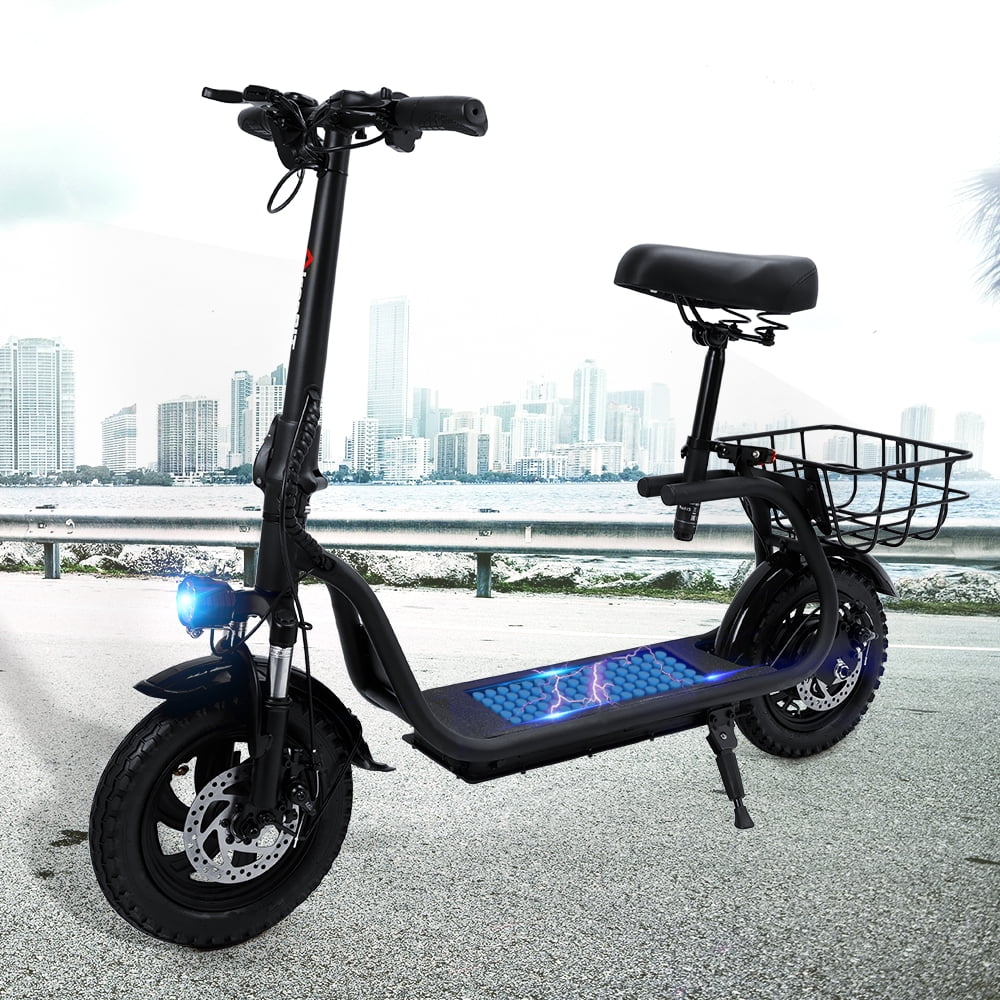 Adult Electric Scooter with Seat & Carry Basket, New Upgraded 500W 36V Up to 19 Mph- LCD Display-Moped for Adults-Foldable-Oversized Soft Seat-Dual Shock Absorption E-Bike