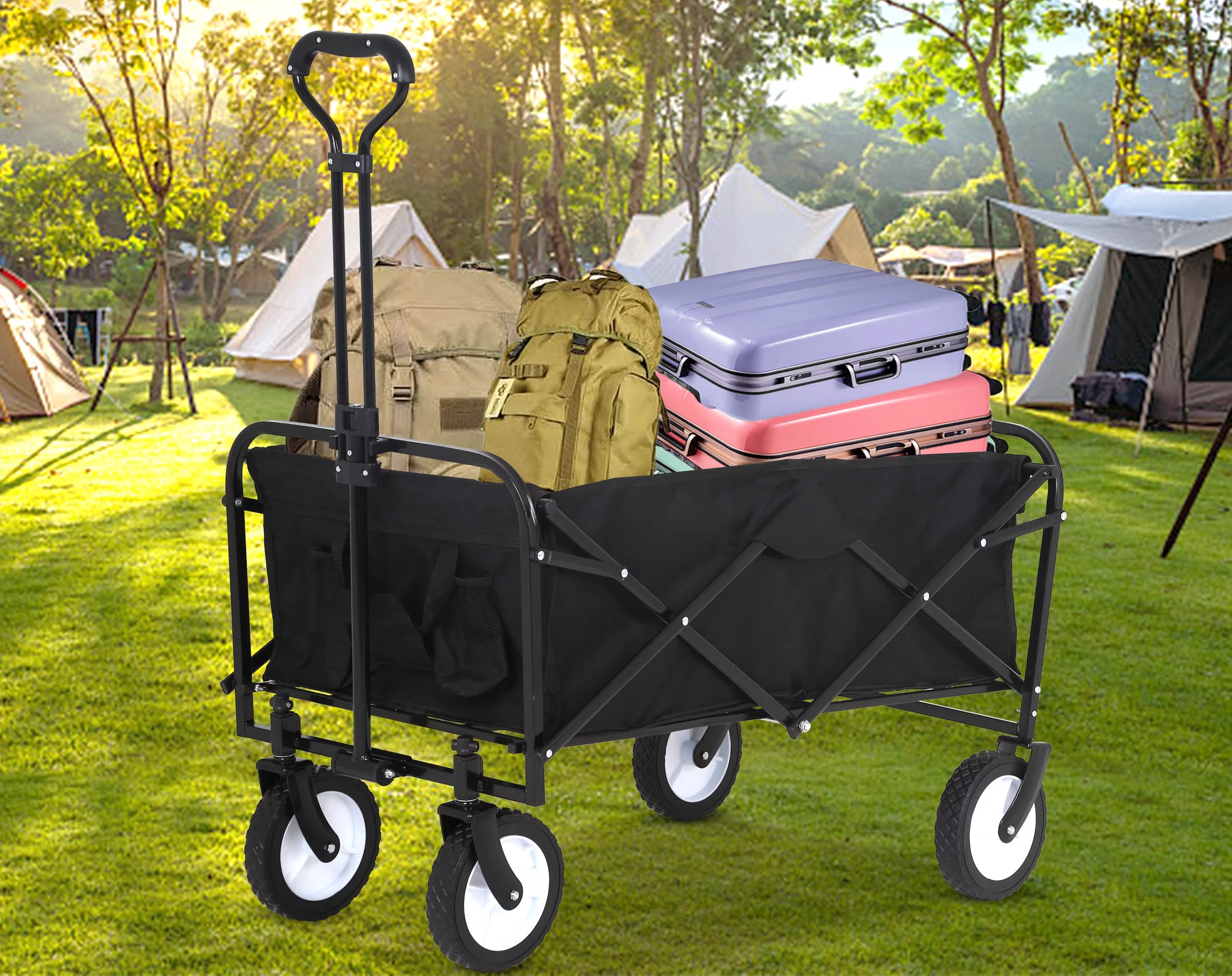 YRLLENSDAN Collapsible Folding Wagon Garden Carts with Wheels Beach Wagon Grocery Wagon All-Terrain Wheels Garden Grocery Wagon (Black)