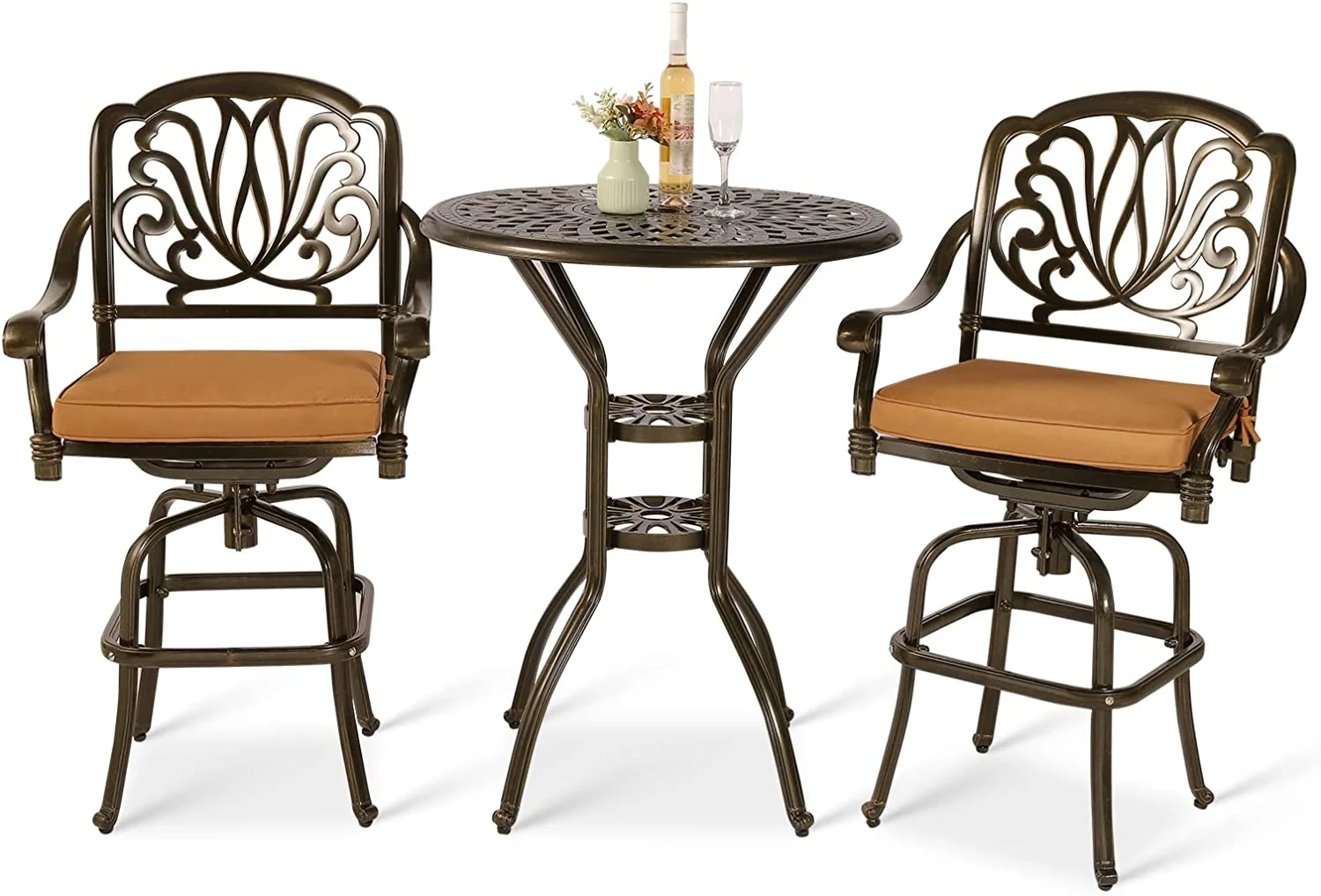 VIVIJASON 3-Piece Patio Swivel Bar Stools Set, All Weather Cast Aluminum Outdoor Bar Height Bistro Set with 2 Cushioned Bar Chairs & 30.8