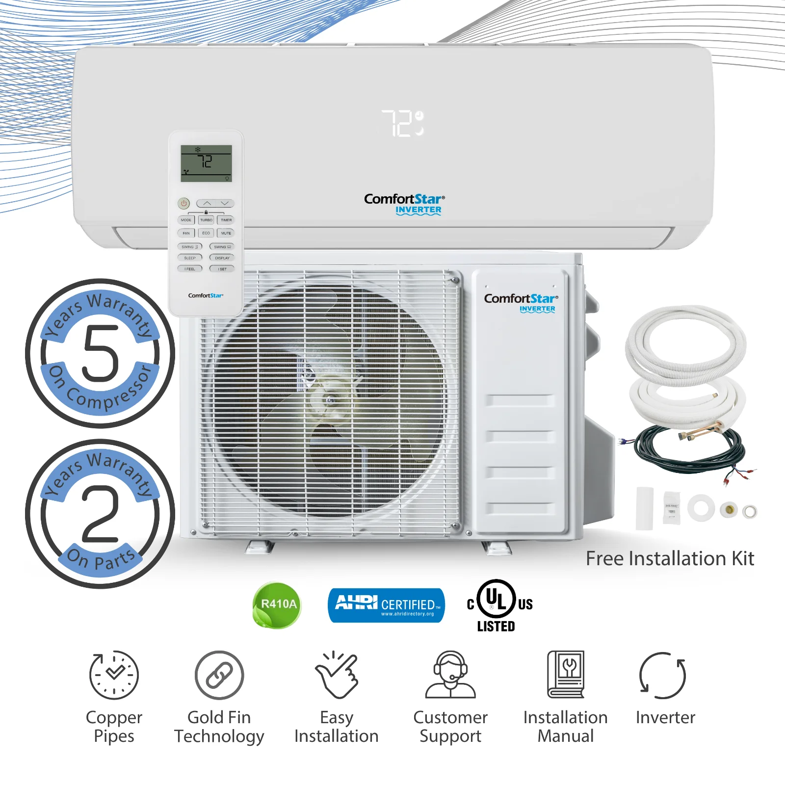 18,000 BTU 17 SEER2 Ductless Mini-Split Inverter+ Air Conditioner Heat Pump System Full Set 220V.