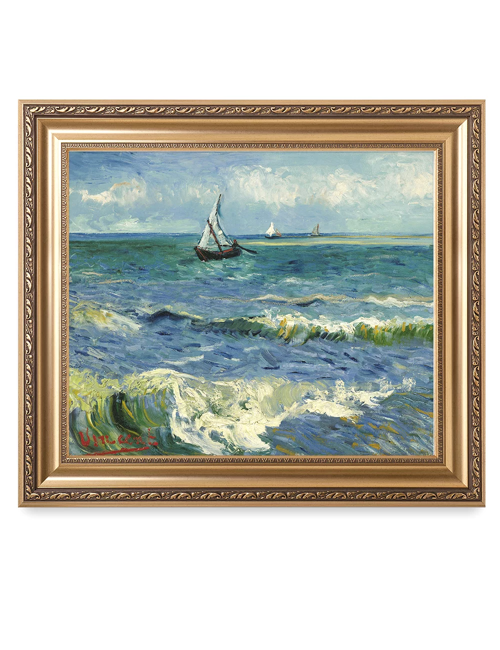 DECORARTS - The Sea at Les Saintes-Maries-de-la-Mer - Vincent Van Gogh. Giclee Print on Canvas with matching Golden-relief Framed Wall Art. Total with Framed size: 30x26