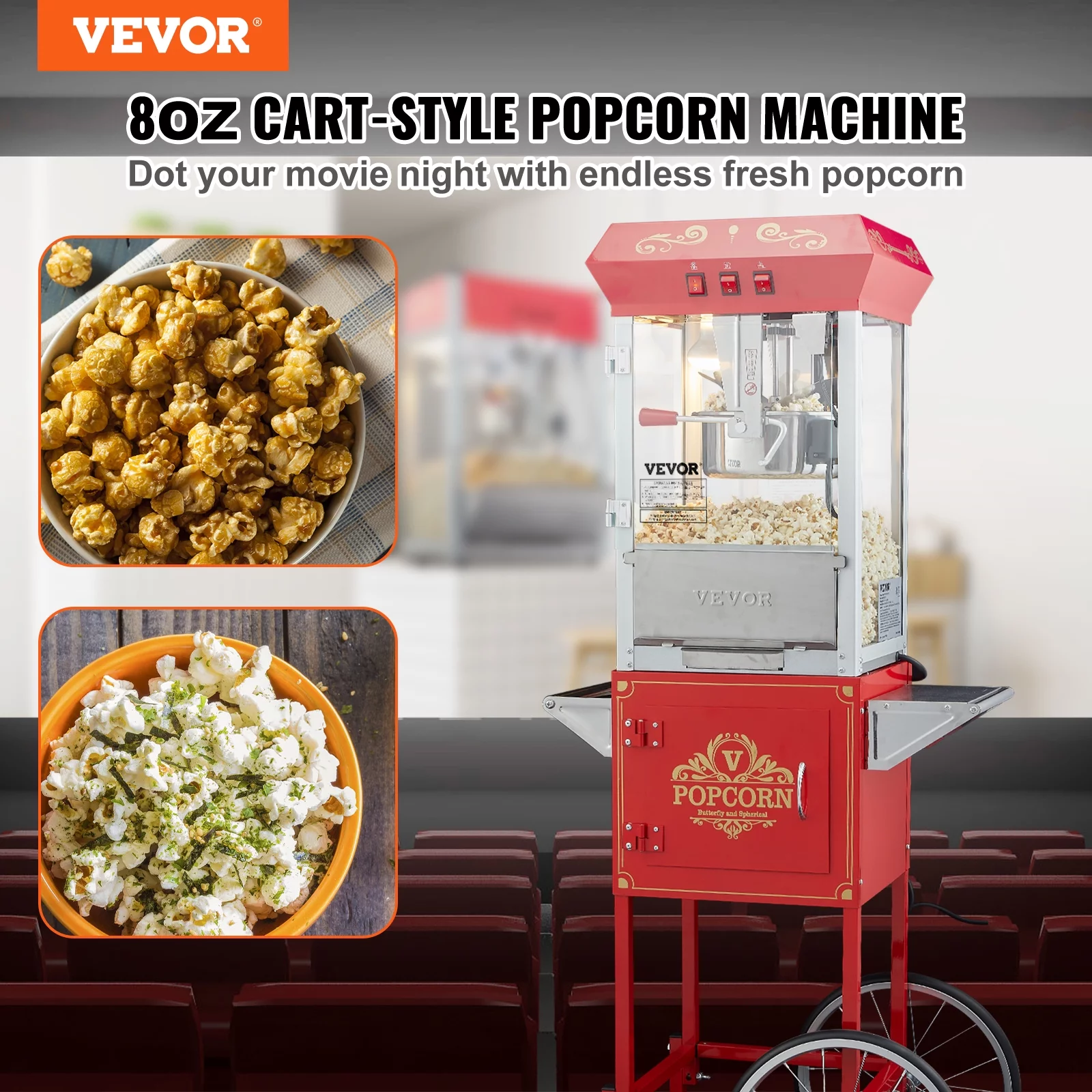 VEVOR Popcorn Popper Machine 8 oz/0.5 lbs 48 Cups Capacity Popcorn Maker Cart 850W Red, Suitable for Party or Office