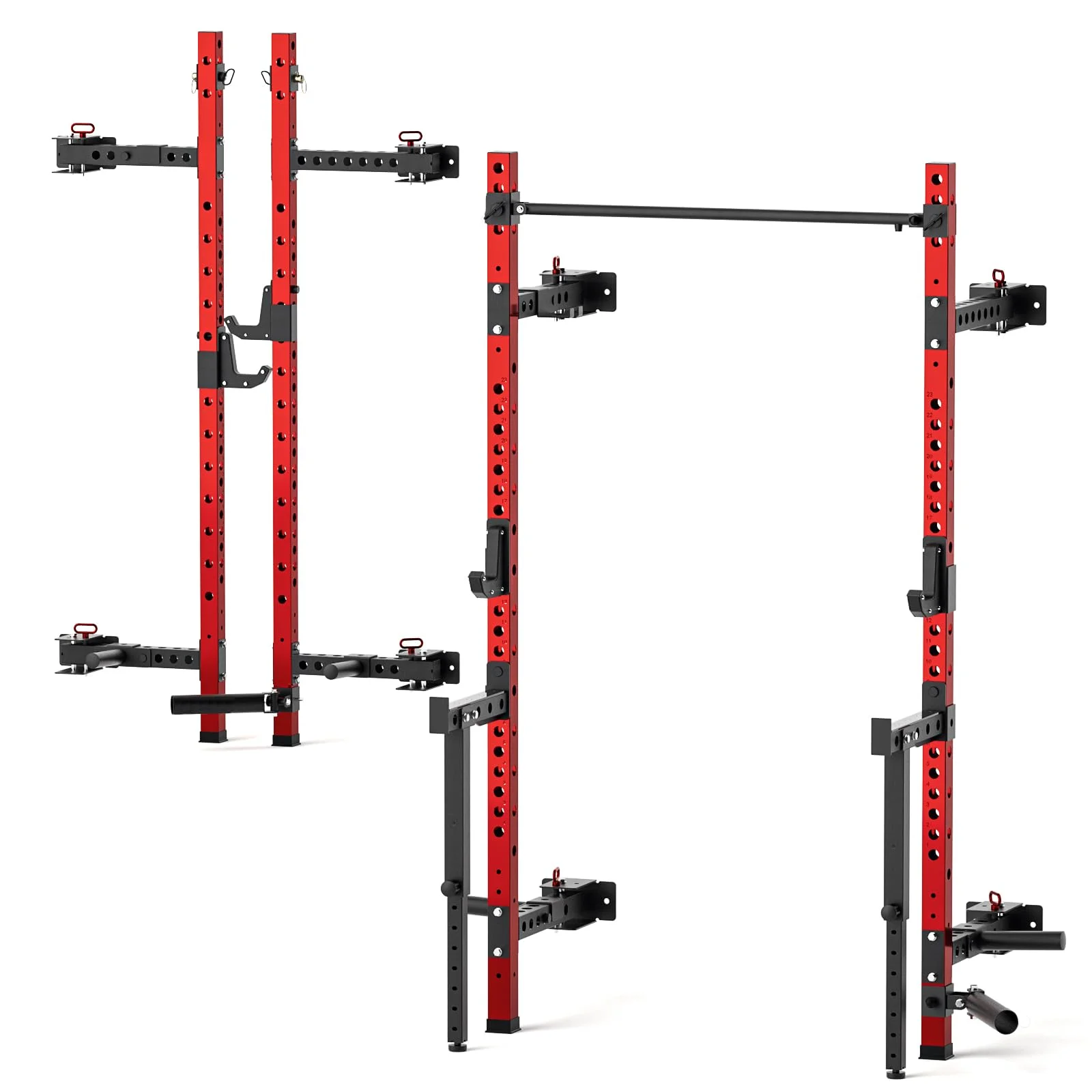Eisenlink Foldable Power Cage, 1000LBS Capacity Wall Mounted Squat Rack with Quick Remove Pull-Up Bar, J-Hooks, Landmine, Space-Saving Home Gym (Upgraded Rack, Red)