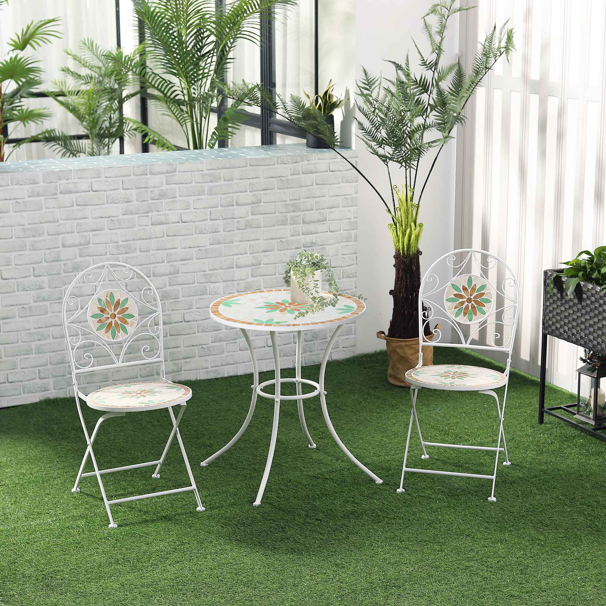 Outsunny Folding 3 Piece Bistro Set, Stone Table & Chairs, Flower Mosaic