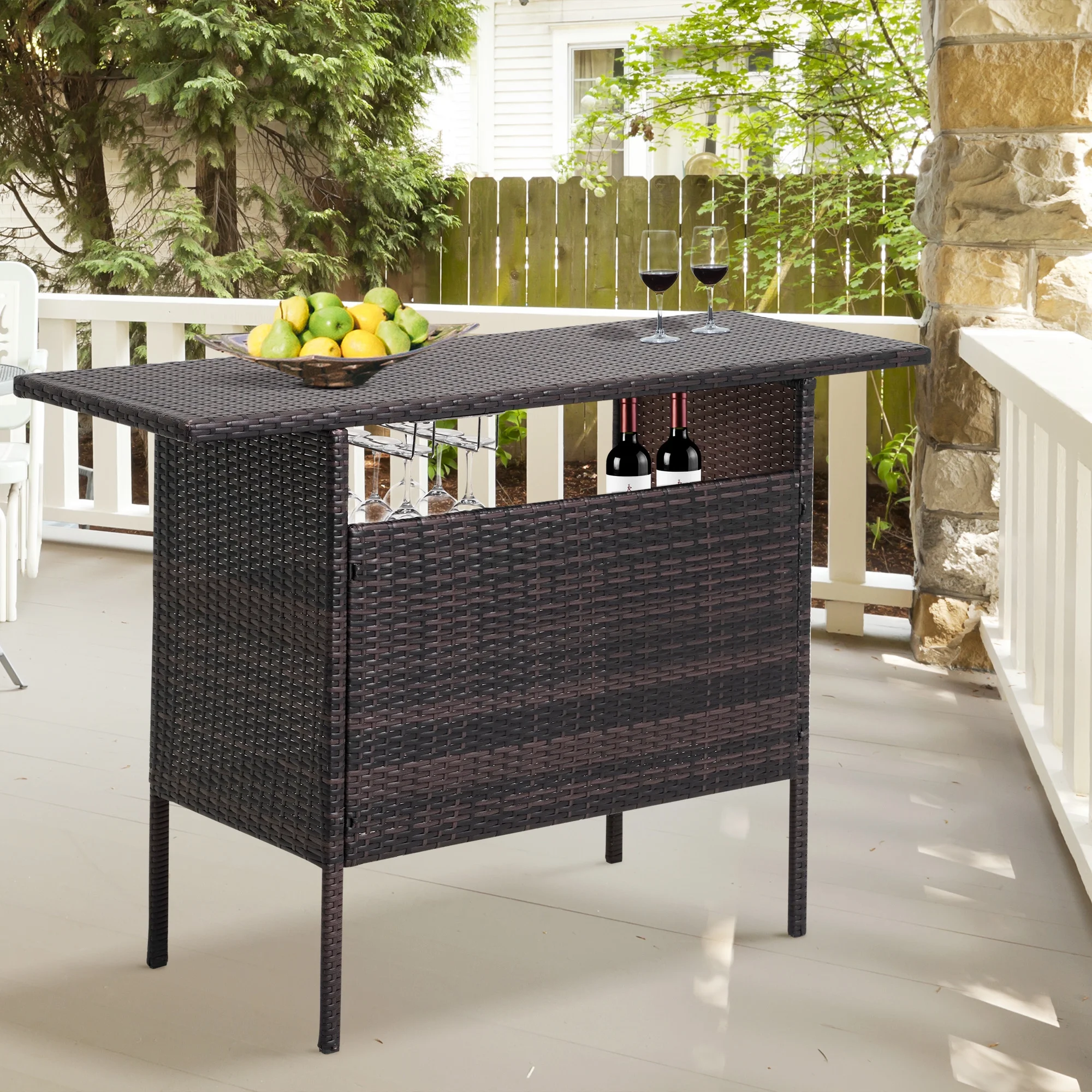 FHFO Outdoor Patio Wicker Bar, Rattan Counter Table with 2 Storage Shelves, 2 Steel Shelves for Backyard, Poolside, Garden