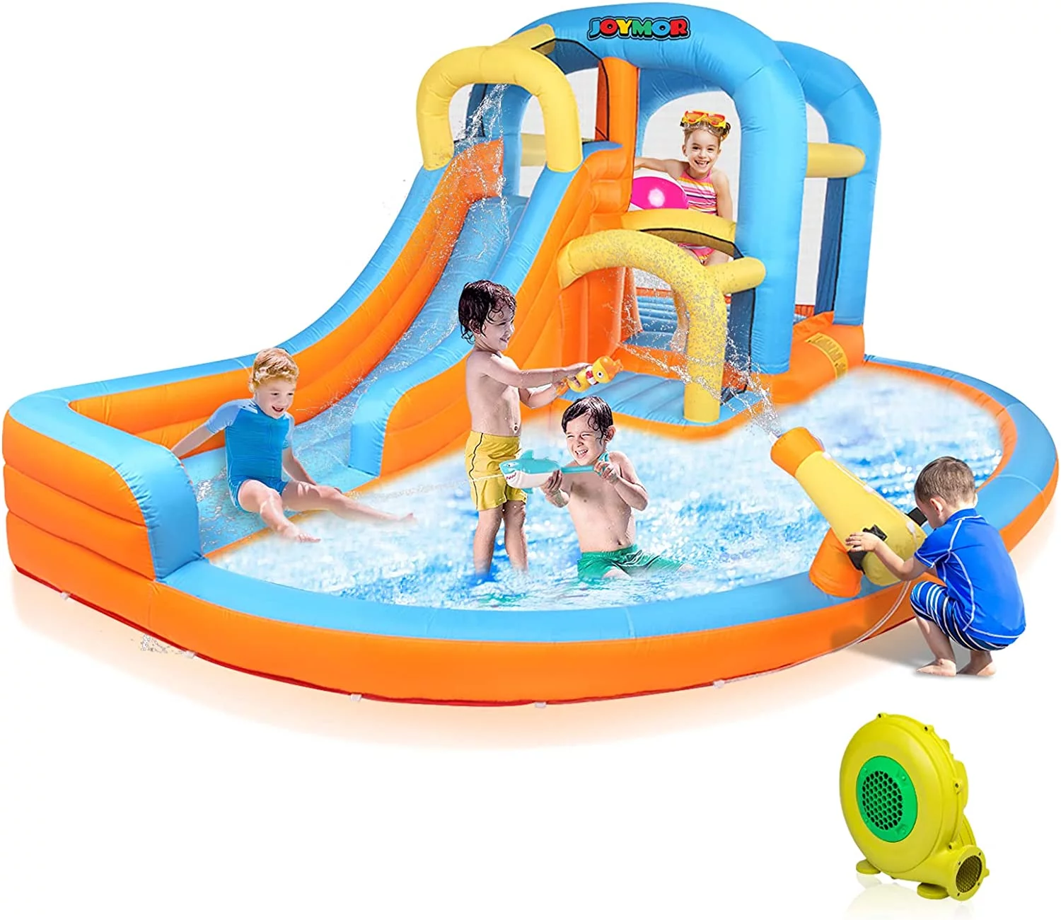 JOYMOR 5-in-1 Inflatable Water Slide Park, Water Bounce House w/Air Blower, Climbing Wall, Double Jump Area , Splash Pool, Water Cannon, Wet or Dry Combo Castle Outdoor Backyard Playhouse for Kids
