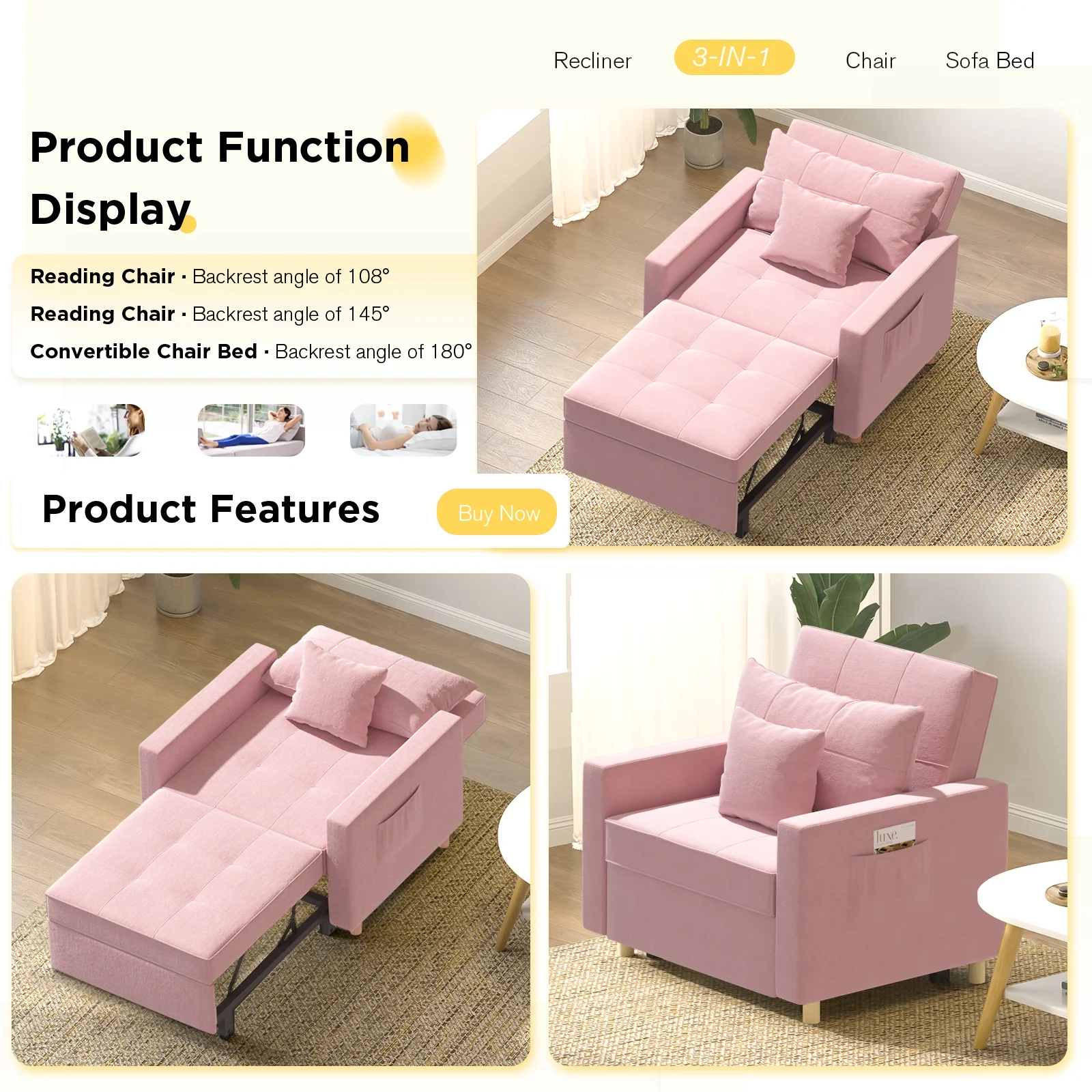 YODOLLA 40 Inch Sleeper Chair Bed 3-in-1 Convertible Futon Chair Multi-Functional Sofa Bed Adjustable Reading Chair, Sofa, Bed, with Modern Linen Fabric, Pink
