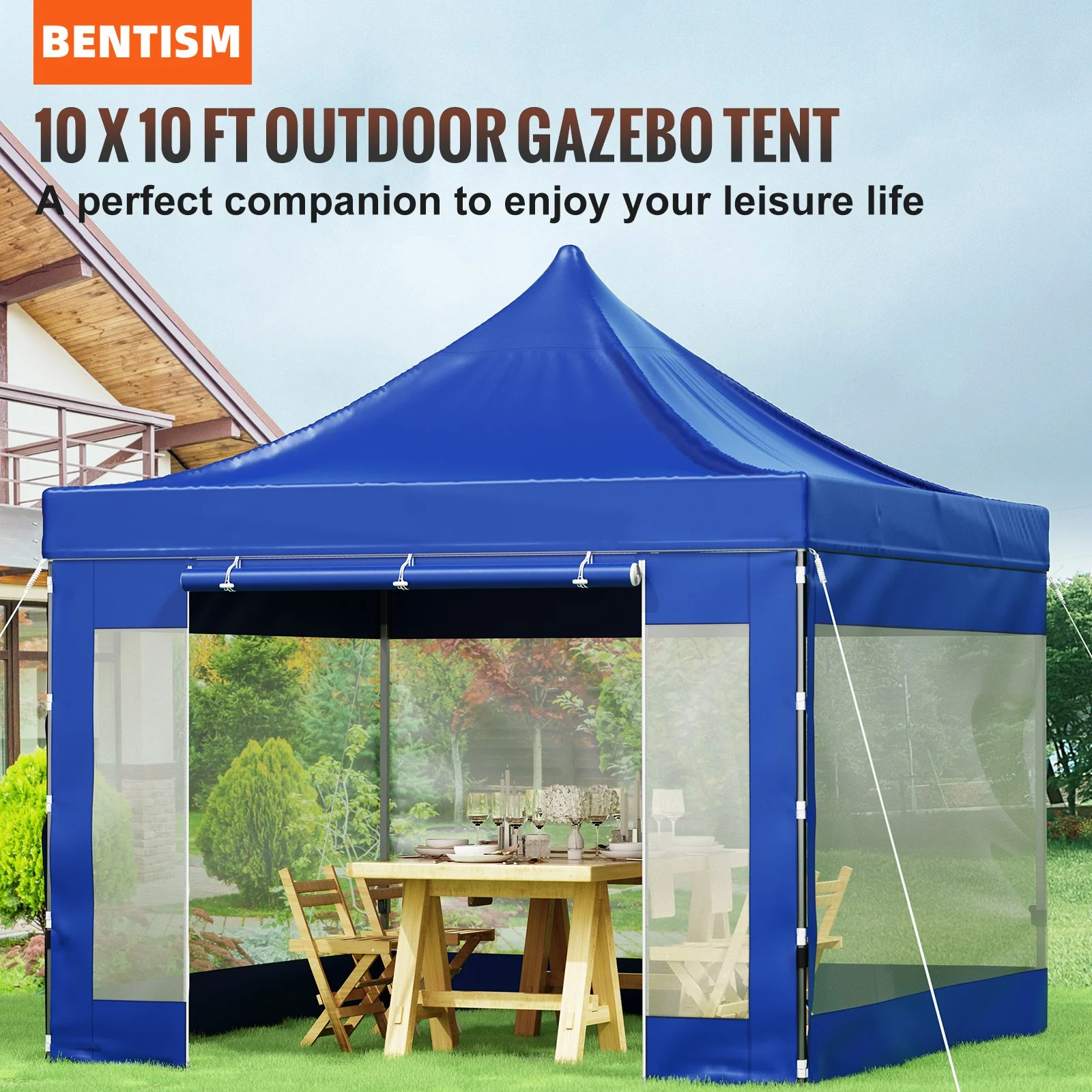BENTISM Pop Up Canopy Tent Outdoor Gazebo Tent 10 x 10 FT with Sidewalls Blue